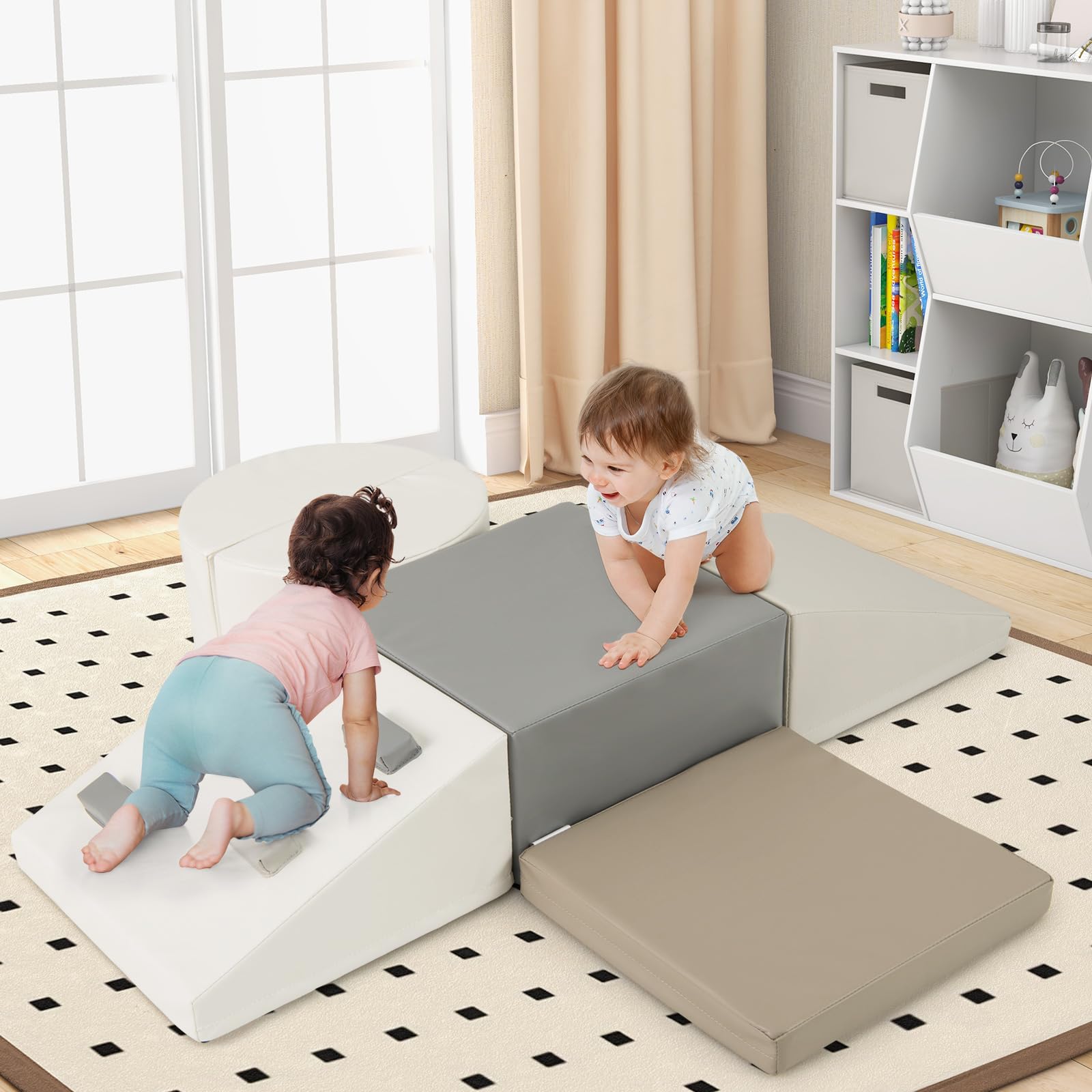 GOPLUS 6 TLG. Schaumstoffbausteine, Softbausteine zum Klettern & Rutschen, Riesenbausteine aus Kunstleder & Schaumstoff, Großbausteine Softbausteine für Baby Kleinkinder ab 1 (Weiß)