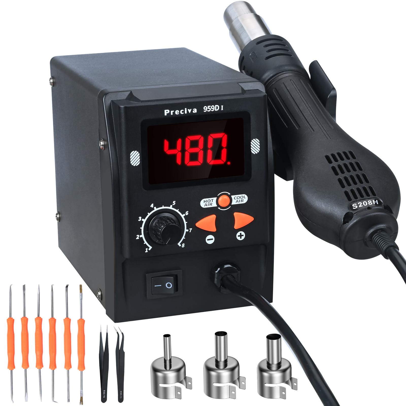 959D-I Station de Dessoudage à Air Chaud 700W pour Soudure et Desoudeur SMD, Stations de Debrasage avec Écran LCD, Température et Volume D'air Réglable, Pistolet Airs Chauds pour Fondre L'étain