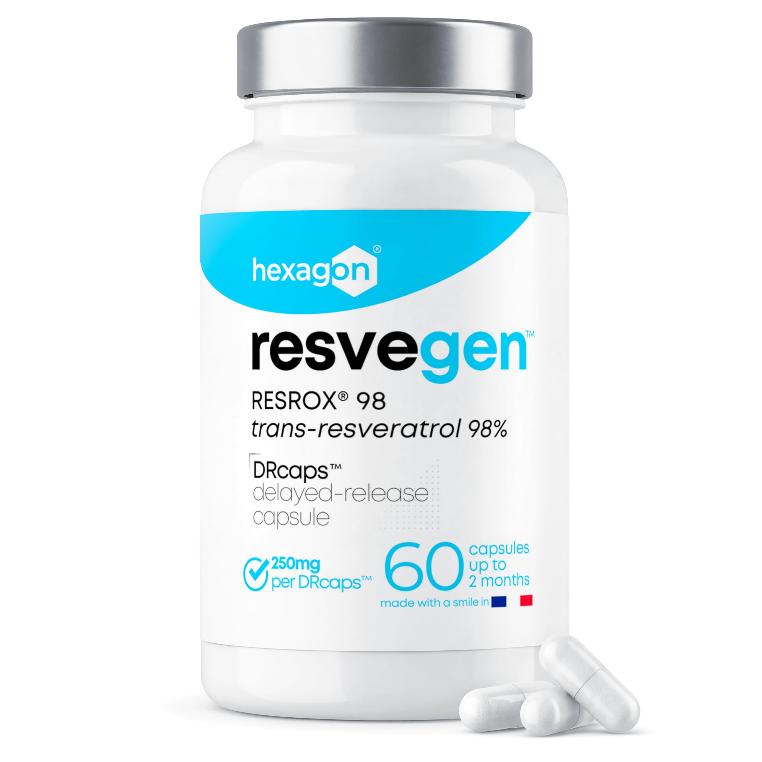 Resveratrolo - Trans-Resveratrolo 98% RESROX® - 60 Capsule DRcaps™ a rilascio ritardato, 250 mg - Alta disponibilità - Potente antiossidante e Anti-Invecchiamento - Made in France - Vegan - Hexagon