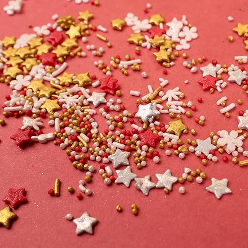 Miniatura 6 de Confect Gránulos navideños  Gránulos navideños para hornear y pasteles decorativos  Dorado, rojo y plateado Paquete de 5 chispas de corazón, copos