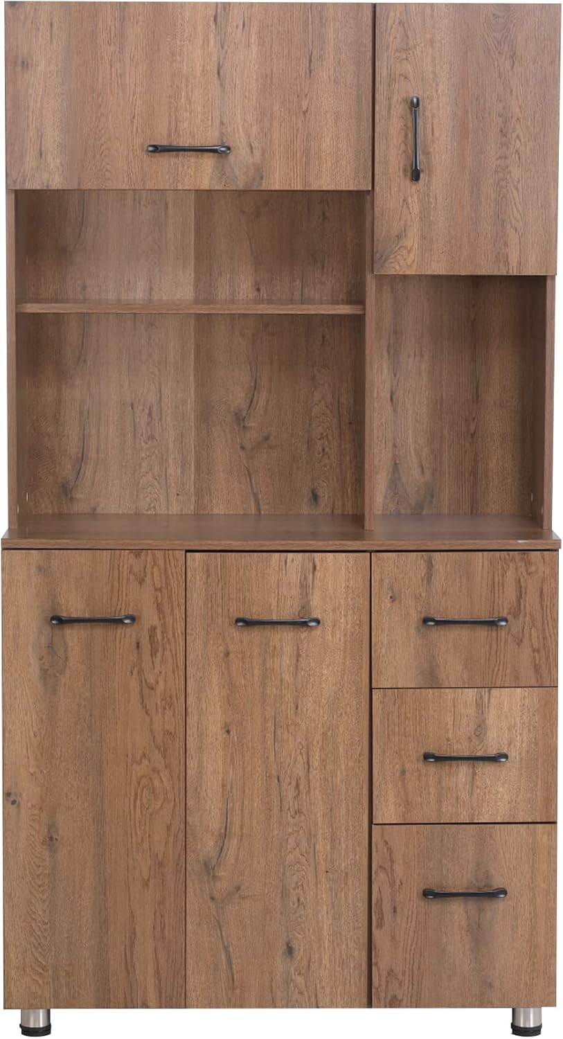 RYNSTO Kitchen Hutch Cabinet,Pantry Storage Cabinet with Anti-Falling Design, 3 Large Drawers,Open Countertop and Microwave Space for Kitchen,Dinning Room(Brown) : Home & Kitchen