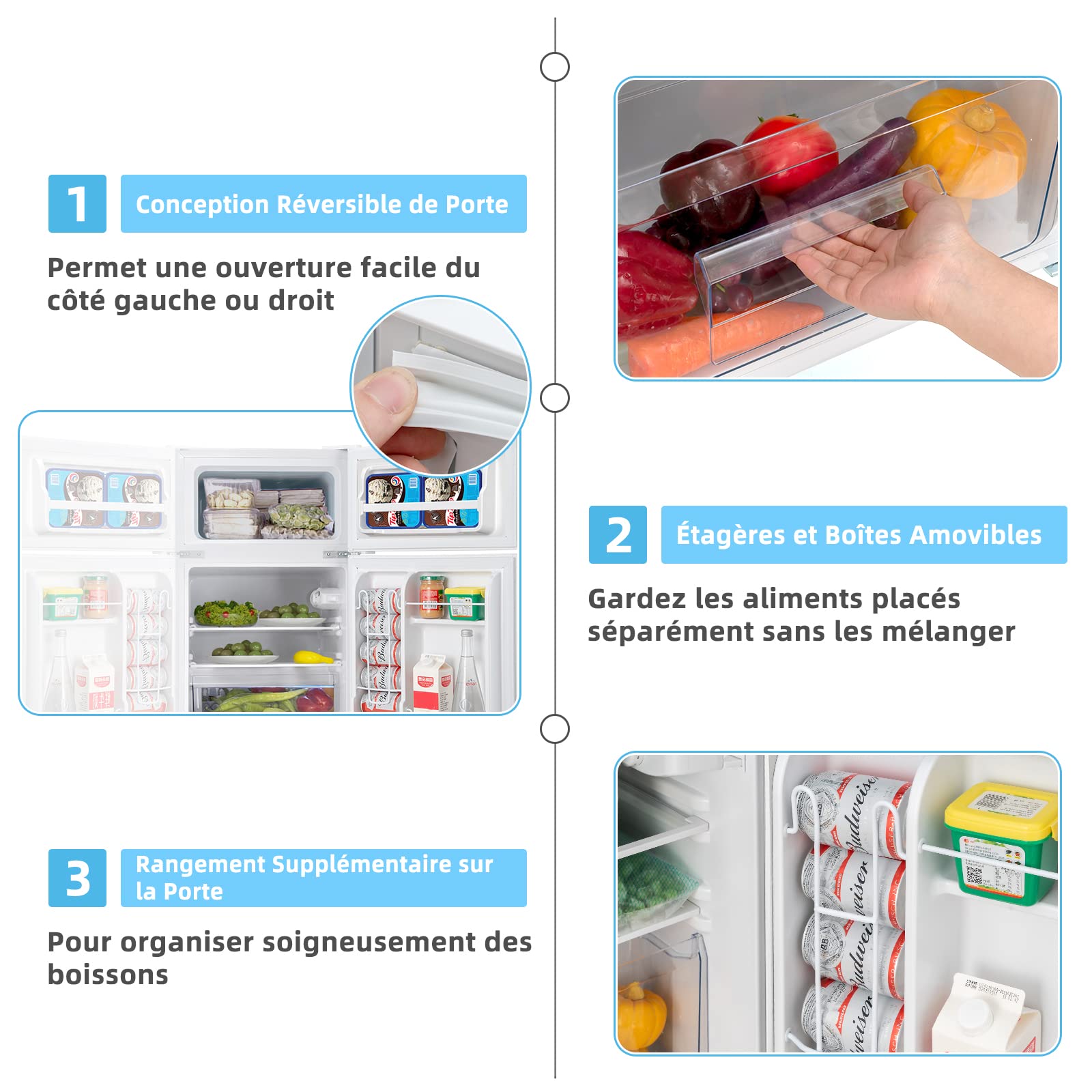 COSTWAY Réfrigérateur à Double Porte 90 L, Réfrigération Rapide, Économie d'énergie, Réfrigérateur en Métal avec 7 Niveaux de Température, 48,5 x 49,5 x 86 cm (Blanc)