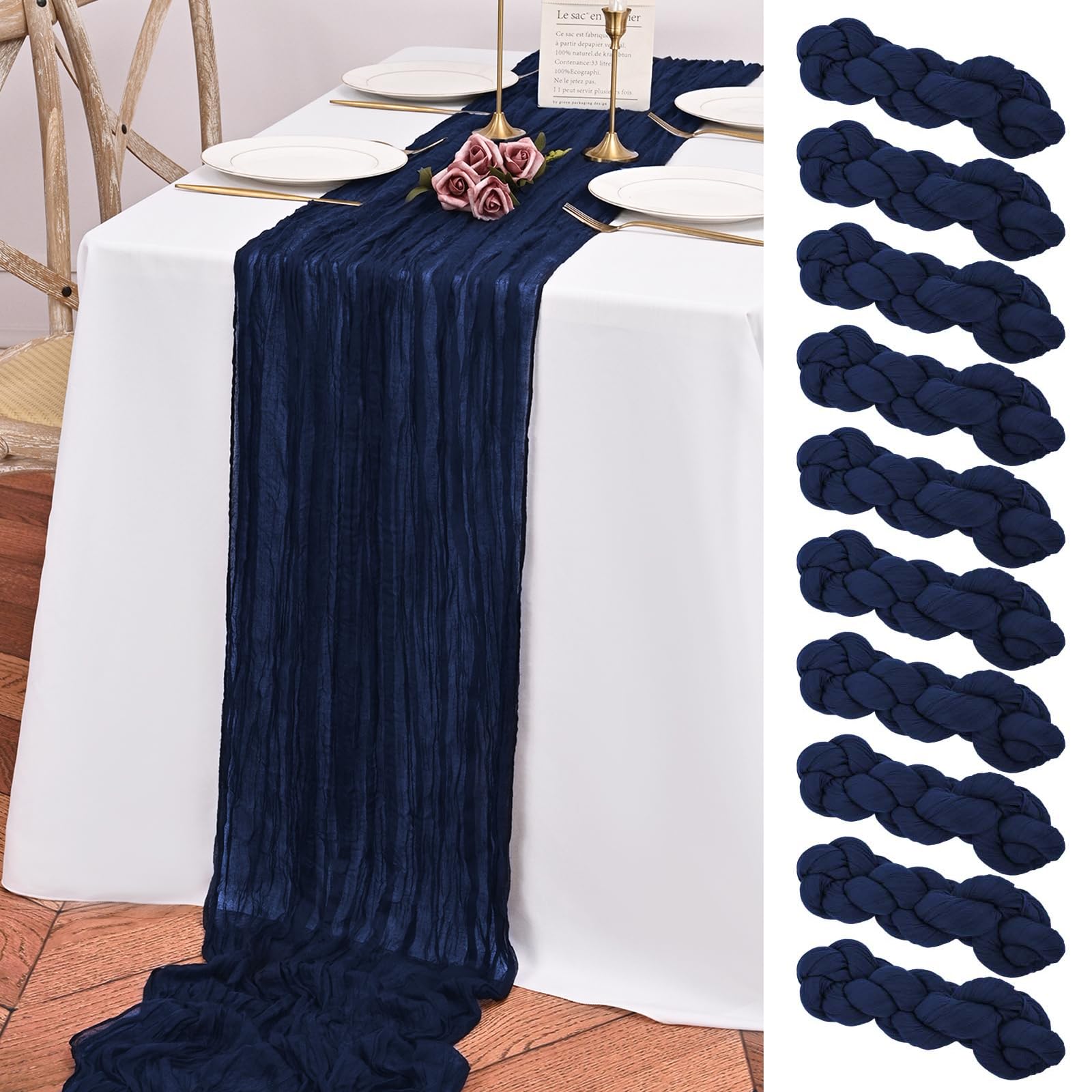 10 Pack Navy Blue Cheesecloth Table Runner, 10FT Long Boho Gauze Runner for Birthday Party Festival Wedding Decoration — image 1
