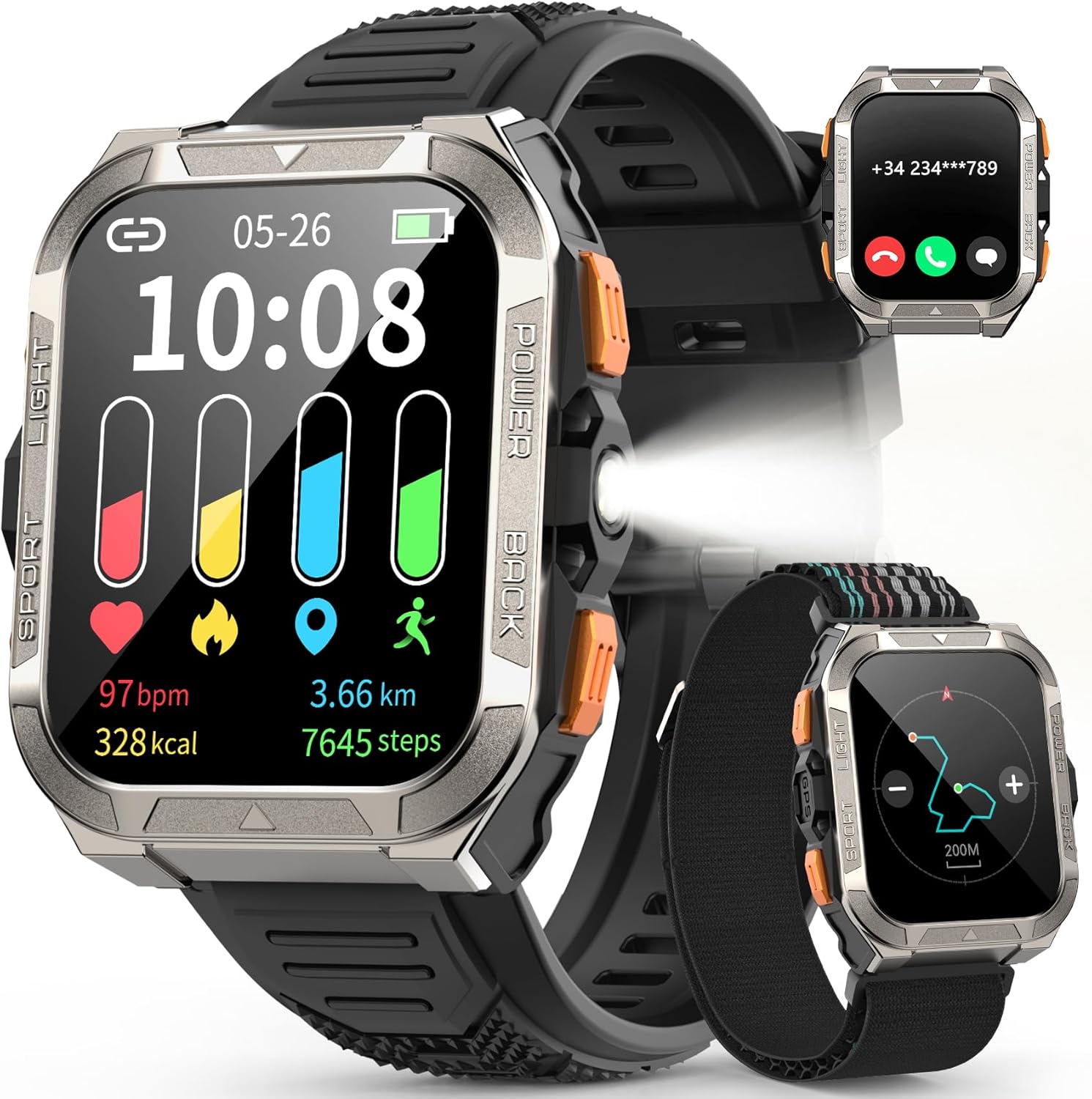 Military Smart Watch for Men,Built-in GPS/60 Days Battery/Led Flashlight/Compass/2 Straps/IP68 Waterproof, Tactical Smart Watches Outdoor with AI ChatGPT/AI Watch Face/AI Translate for Android iOS