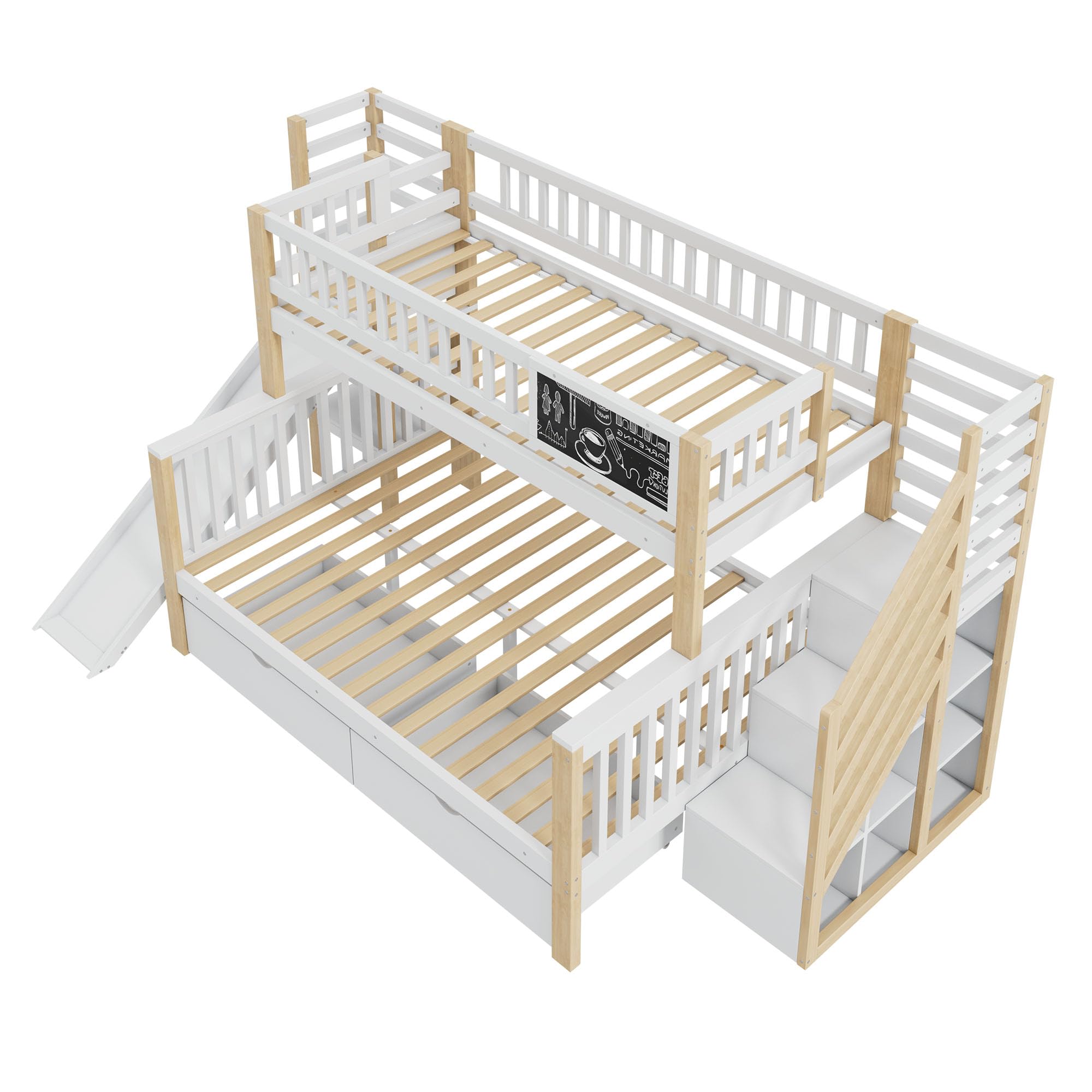 Etagenbett 2 Kinder Kinderbett 90x200 & 140x200 cm mit Rausfallschutz und Schublade, Hochbett mit Rutsche und Treppe, Stockbett Holzbett Bettrahmen mit Lattenrost, Weiß+Natur, Ohne Matratze