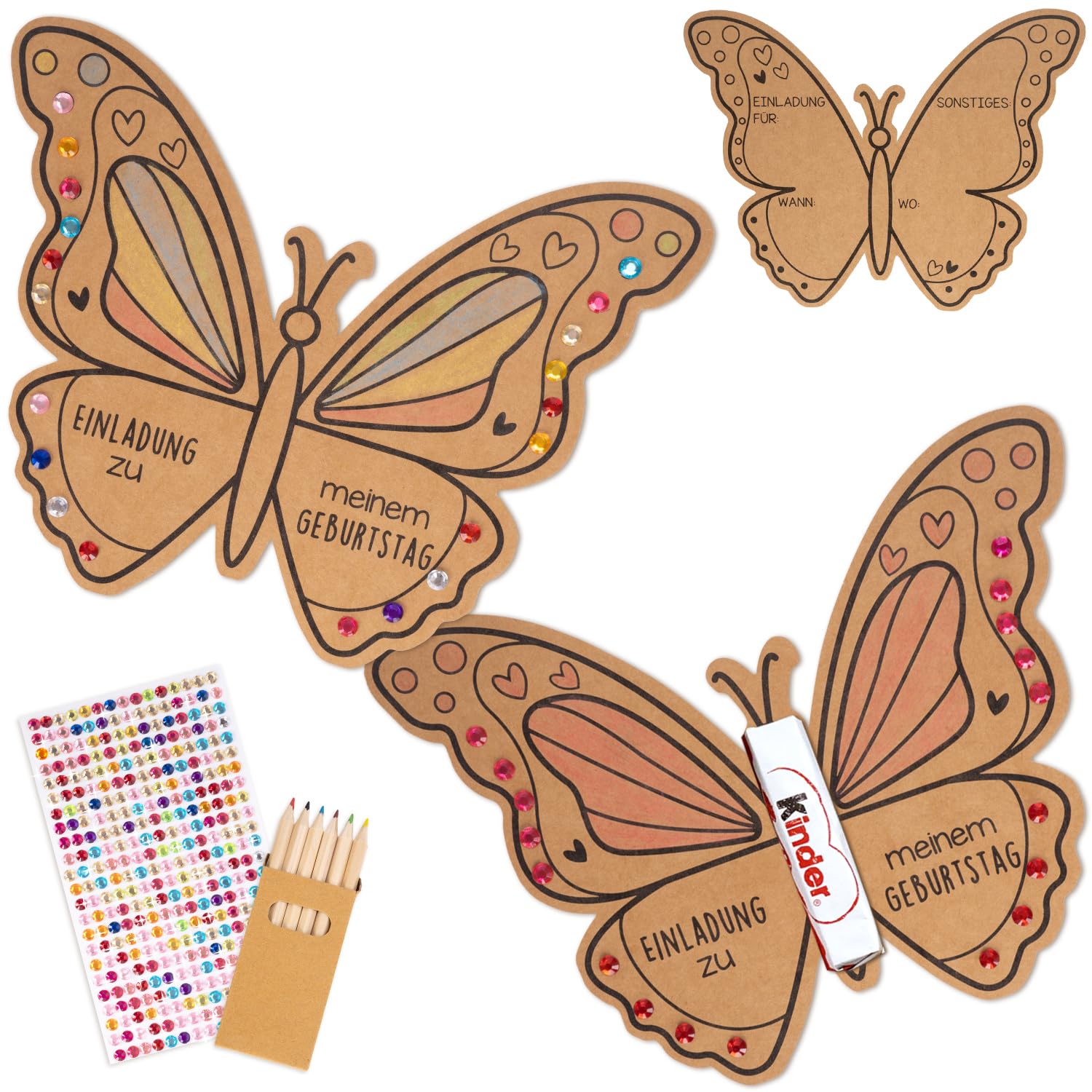 KKSJK Einladungskarten Kindergeburtstag, 15pcs Einladung Geburtstag Kraftpapier mit Buntstifte, Geburtstagseinladungen Kinder Bastelset, Partyeinladungen für Jungen Mädchen (Schmetterlinge)