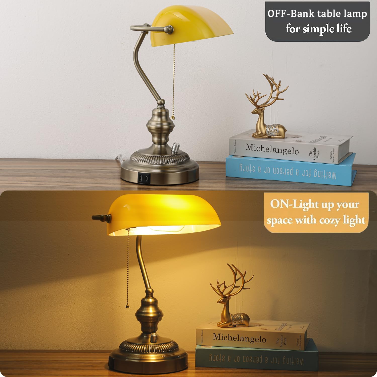 Rustic Banker's Desk Lamp Stepless Dimmable, Traditional Bankers Desk Lamp with USB Port and Outlet, Vintage Farmhouse Table Lamp for Home Office Library