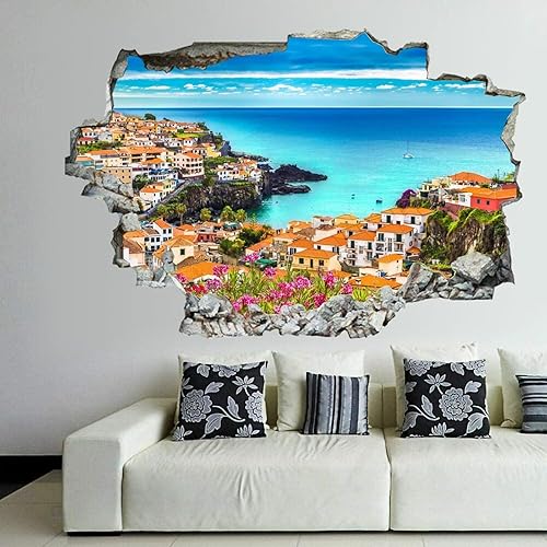 Miniatura 7 de Calcomanías de pared rotas en 3D, diseño de centro de la ciudad de Chicago y río Chicago por la noche, 36 x 24 pulgadas, vinilo de pared extraíble,