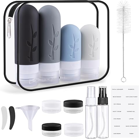 16 Piezas Botellas de Viaje de Silicona, Kit de Botes Rellenables para Gel, Champú y Cosméticos, con Accesorios de Viaje, Travel Essentials (Negro)