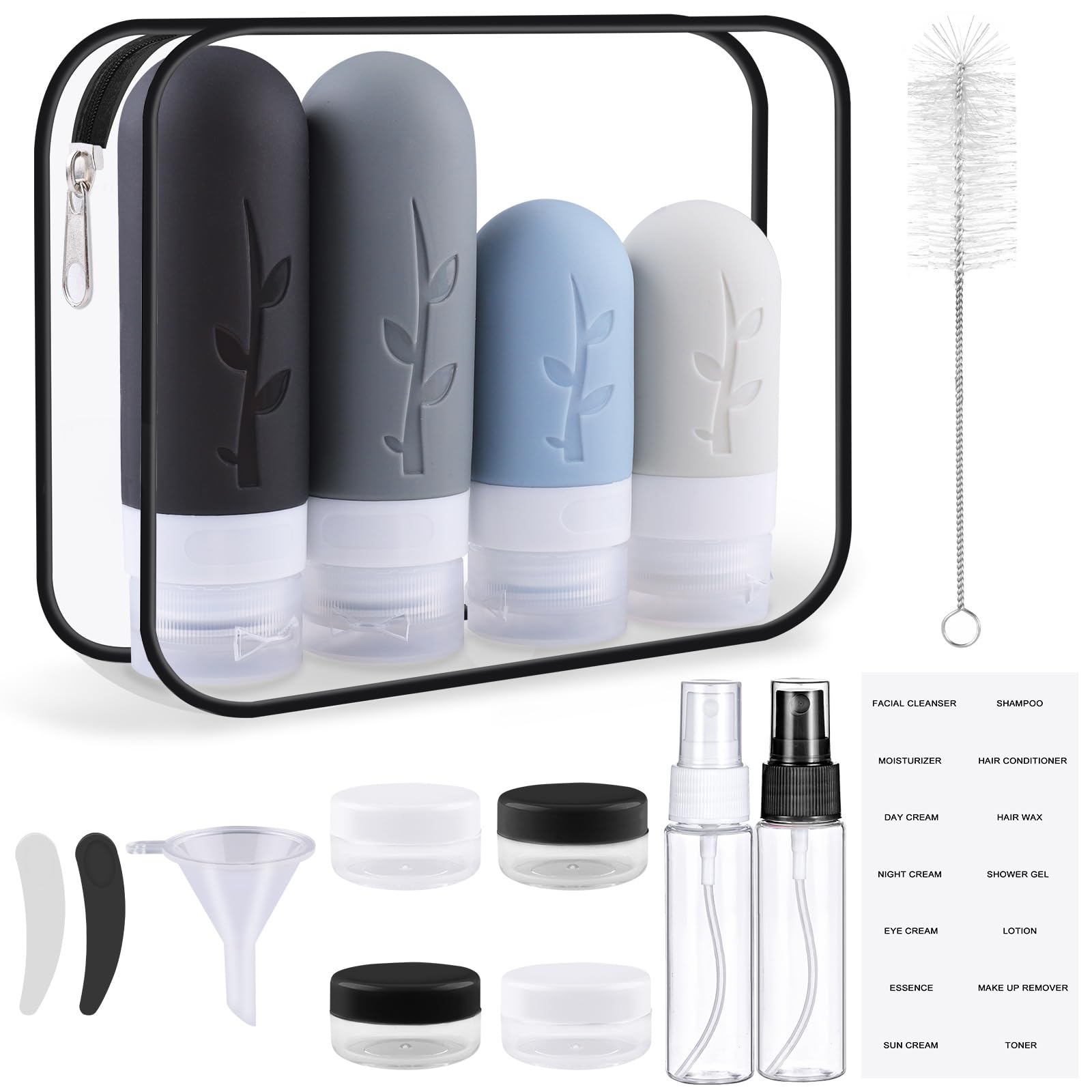 Flacons Voyage Silicone, 16 Pièces Accessoires de Voyage, Kit Complet de Récipients pour Shampoing, Lotion et Cosmétiques, Avion Cabine (Noir)