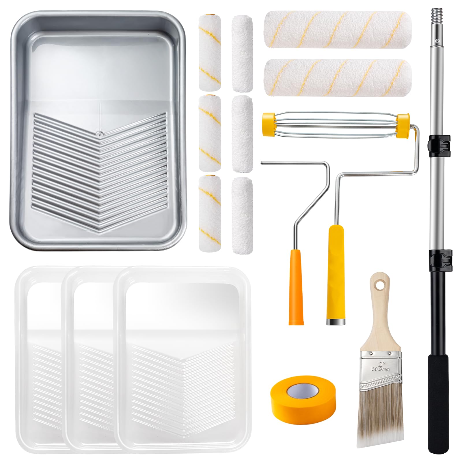 YiBaiBrush Paint Roller Kit with Extension Pole, 17 PCS Complete House Painting Set for Walls and Ceilings, 9 Inch Paint Tray, 9 Inch and 4 Inch Rollers, Brush and Home Renovation Supplies