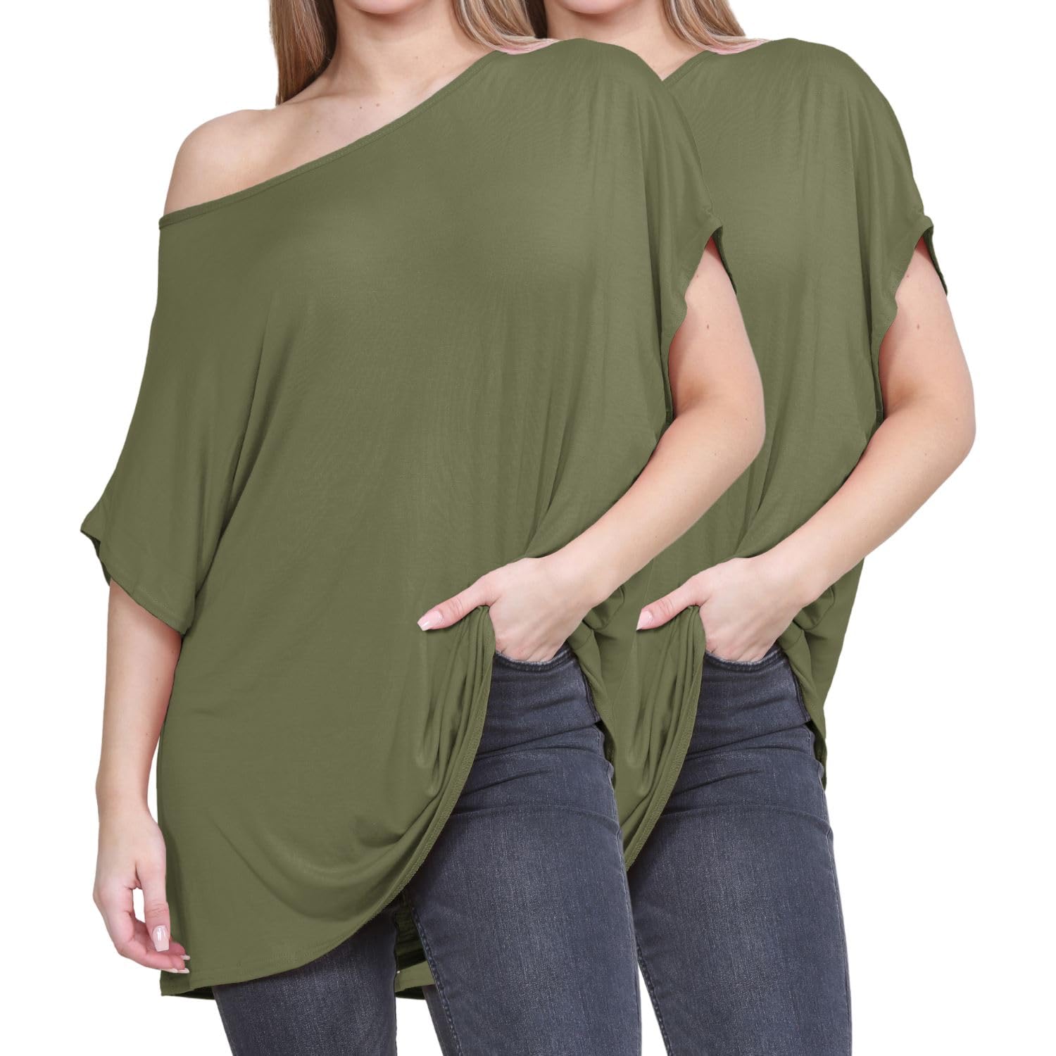 janisramone® Lot de 2 hauts à épaules dénudées pour femme, t-shirts surdimensionnés à manches courtes chauve-souris pour femme, haut uni à épaules dénudées, t-shirts amples décontractés, vêtements de