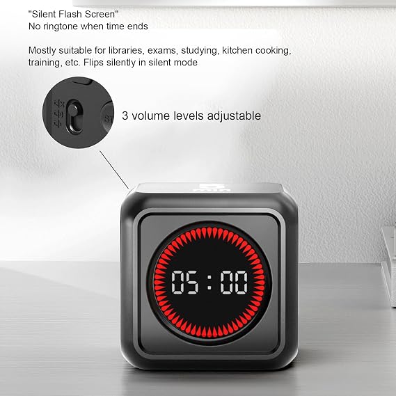 Productivity Visual Timer, Cube Gravity Sensor Countdown Countup Desk Timer with 4 Preset Modes Customizable Time Silent Flash Screen for Work Study Cooking ABS LCD 53x53x40mm (Black)