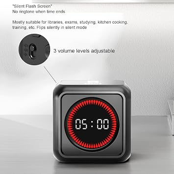 Productivity Visual Timer, Cube Gravity Sensor Countdown Countup Desk Timer with 4 Preset Modes Customizable Time Silent Flash Screen for Work Study Cooking ABS LCD 53x53x40mm (Black)