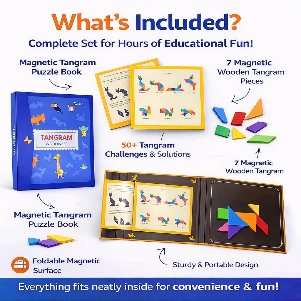 PLUSPOINT Wooden Tangram Travel Game Pack of 10 Magnetic Puzzle Book Game Tangrams Jigsaw Shapes with Solution Traveler Challenge IQ Educational Toy for 3-99 Years 3