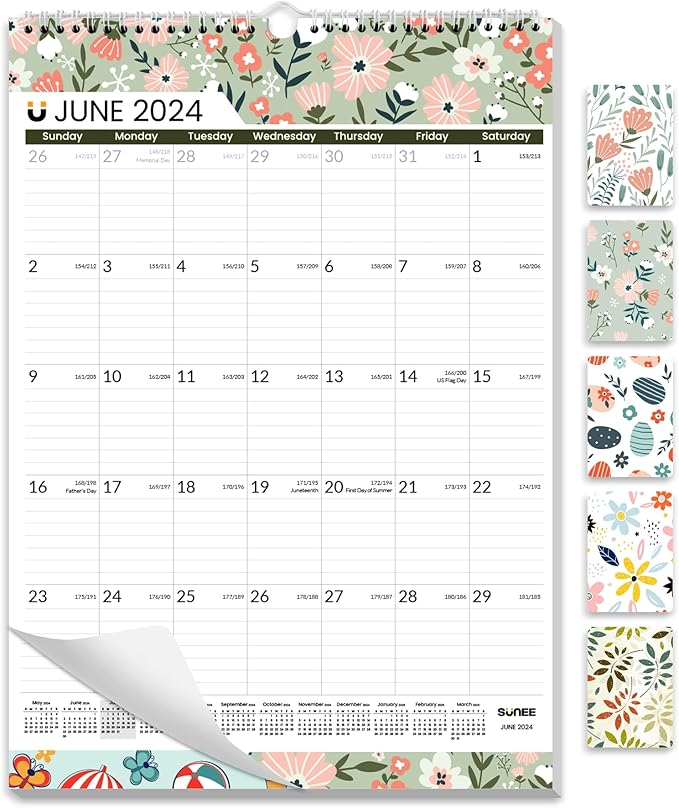 SUNEE 2024 Wall Calendar, Now to June 2025, 12" x 17", Hanging Monthly Calendar with Lines, Seasons Pattern