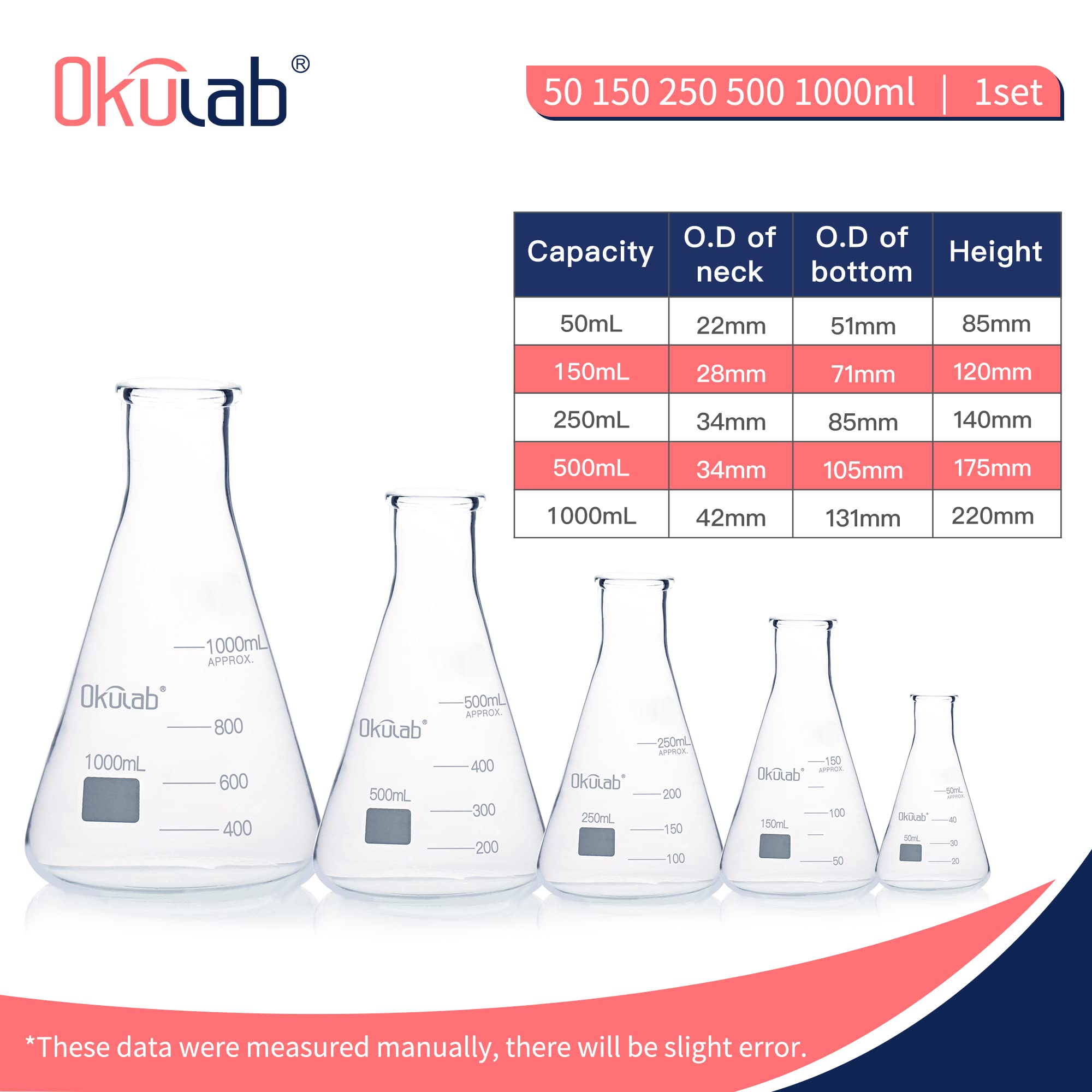Erlenmeyer Glasflaschen Set bestehend aus Vol.50.150.250.500.1000 ml Borosilikatglas 3.3 mit aufgedruckter Skala EFNGS5A1
