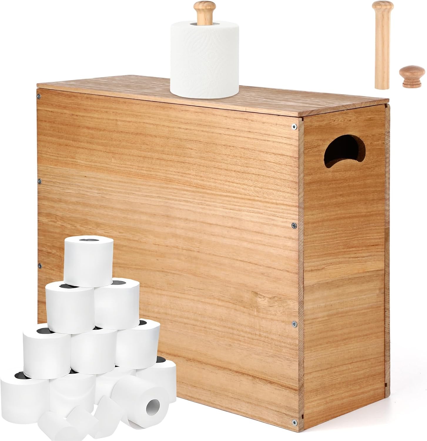 Bokon 32L Wooden Toilet Paper Holder with Lid and Handle, Waterproof and Mildew-Proof- Mega Capacity, Toilet Papers Organizer for Bathroom Standing for 9-12 Rolls Bathroom Accessories(Natural)