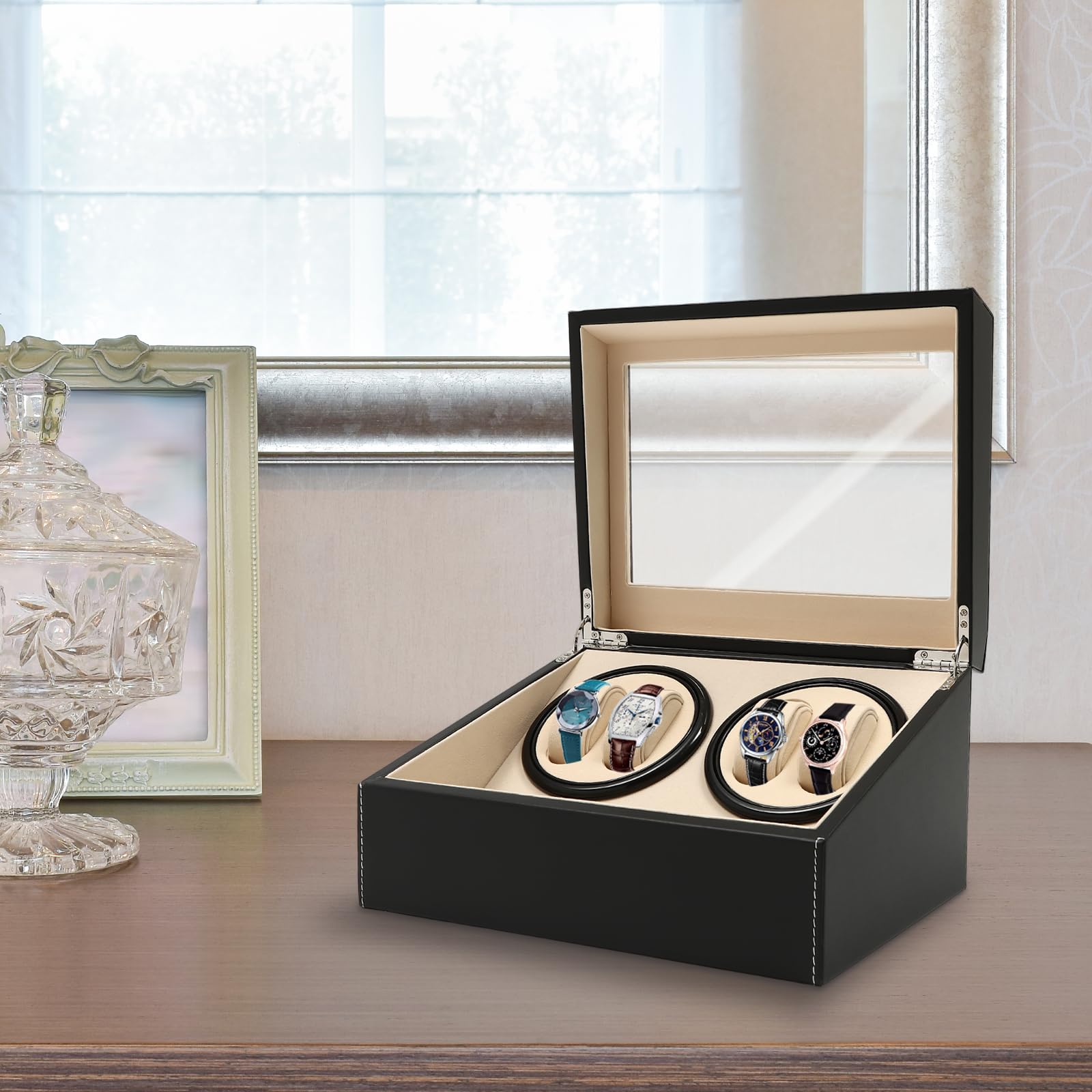 Uhrenbeweger für Automatikuhren 4 Uhren+6 extra Speicherplätze super leisem Luxuriöser Automatik Uhrenbeweger Watch Winder Uhrendreher