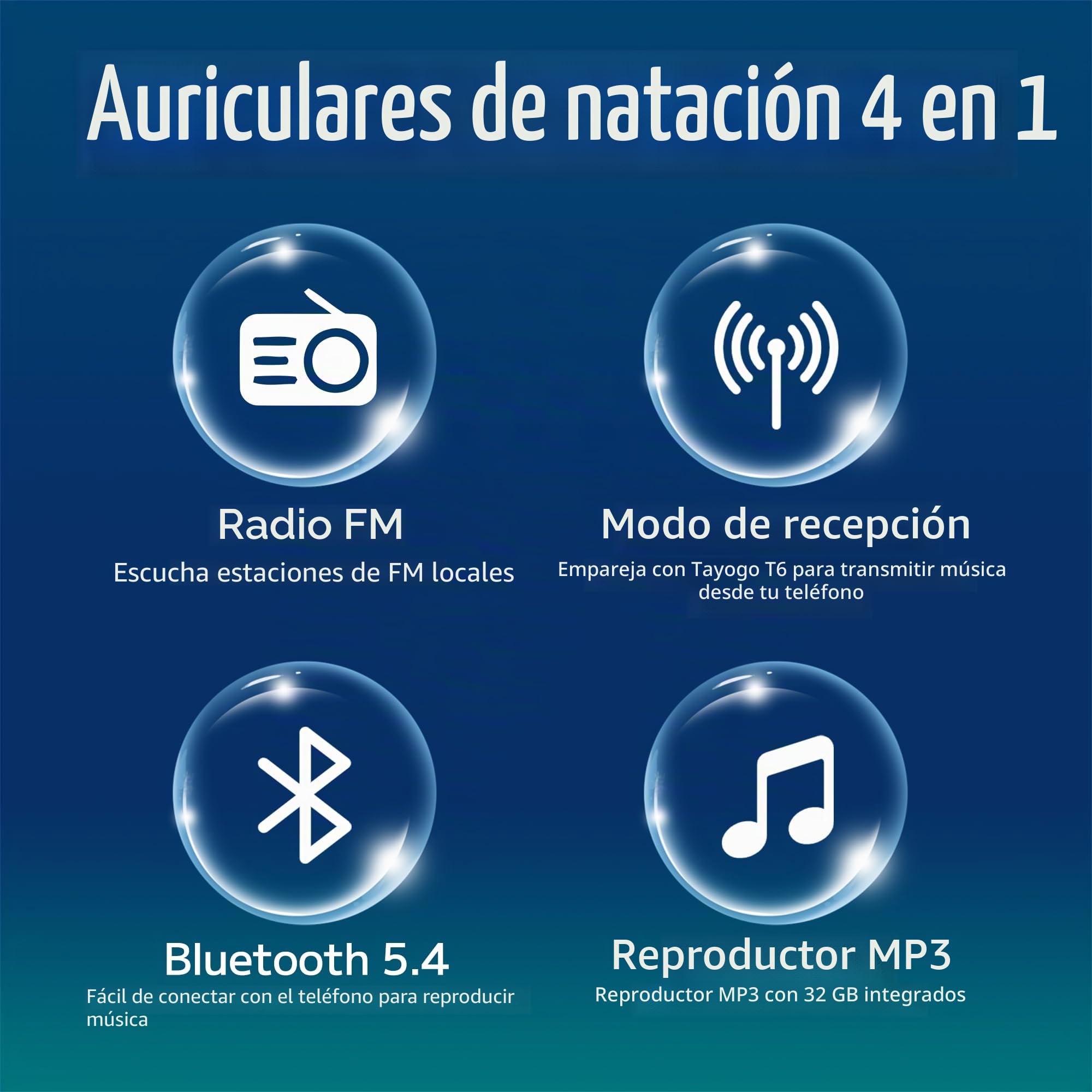 Tayogo W18 Auriculares de Natación – Auriculares Impermeables In-Ear, MP3 4 en 1 de 32GB, Bluetooth 5.4, Radio FM, Compatible con Transmisor T6 para Música Bajo el Agua (Negro)