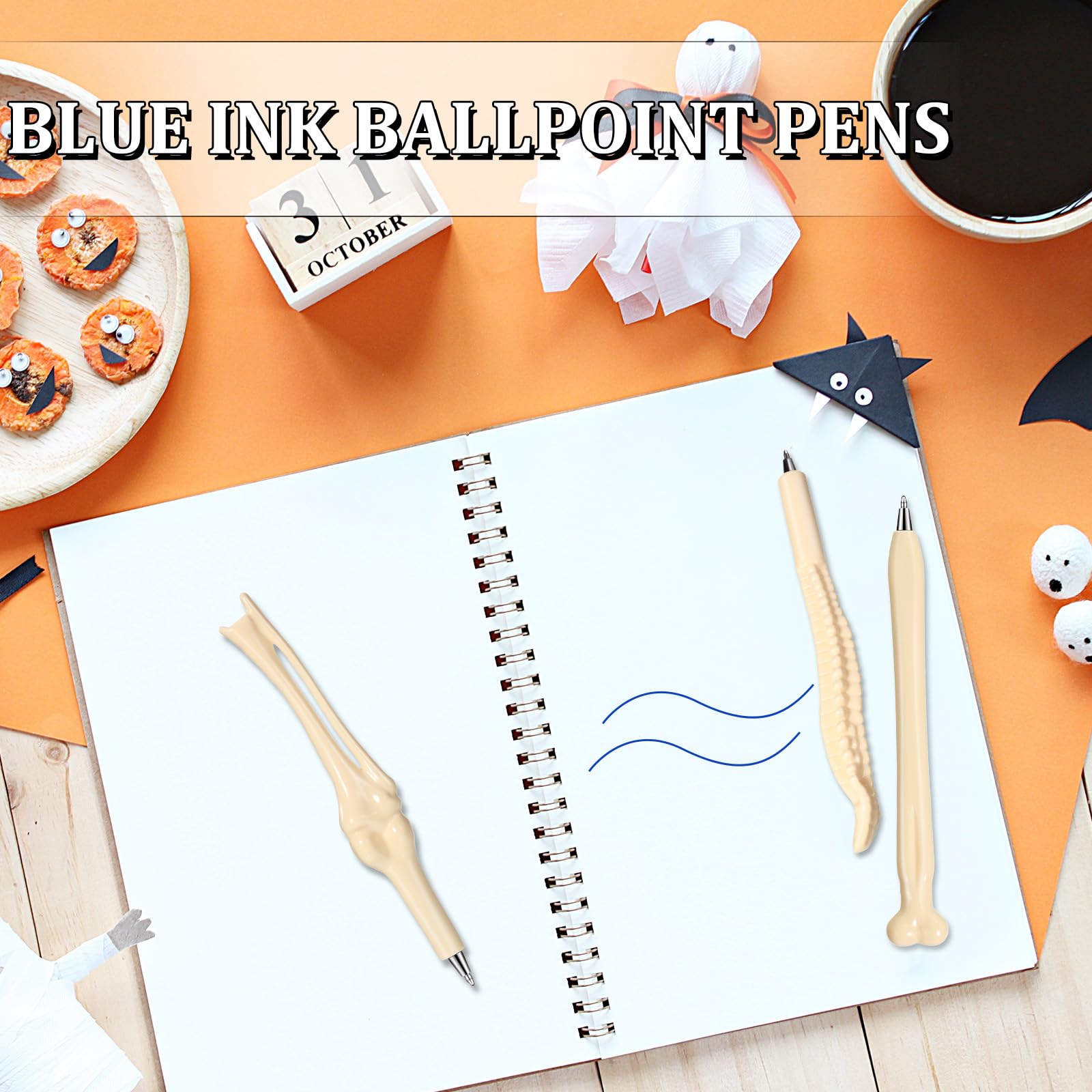 60-Pack Bone Shaped Ballpoint Pens - Skeleton Finger Novelty Pens With 0.5mm Blue Ink