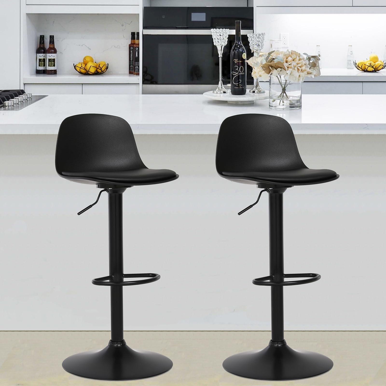 Bar Stools Set of 2, Modern Black Bar Stools Counter Height, Swivel Adjustable Barstools with Back, Faux Leather Padded Bar Chairs for Kitchen Island and Bar Counter