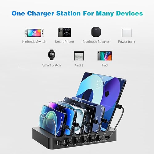 Miniatura 5 de Estación de carga para múltiples dispositivos 68W 6 puertos cargador de teléfono Dock con 6 cables, estación de carga rápida negra de 20 W