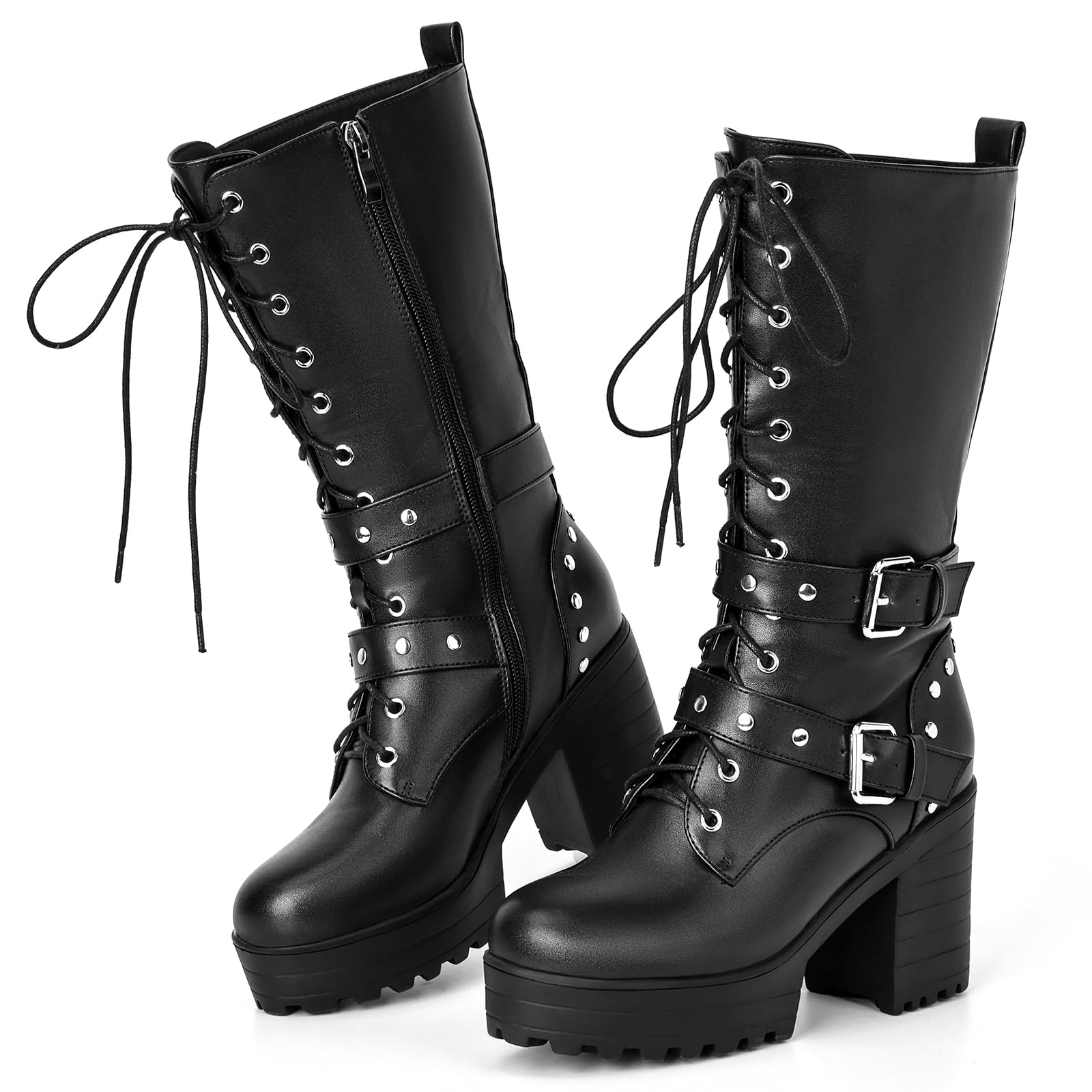 Women's Thick Sole Boots, Lace-Up, Short Boots, Middle Boots, Side Zipper, Buckle, Round Toe, Thick Heels, Beautiful Legs, Casual Shoes