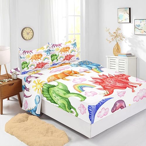 Miniatura 2 de CVHOUSE Juego de sábanas bajeras y ropa de cama de dinosaurio, tamaño individual, 4 piezas (1 sábana encimera y 1 sábana bajera con 2 fundas de