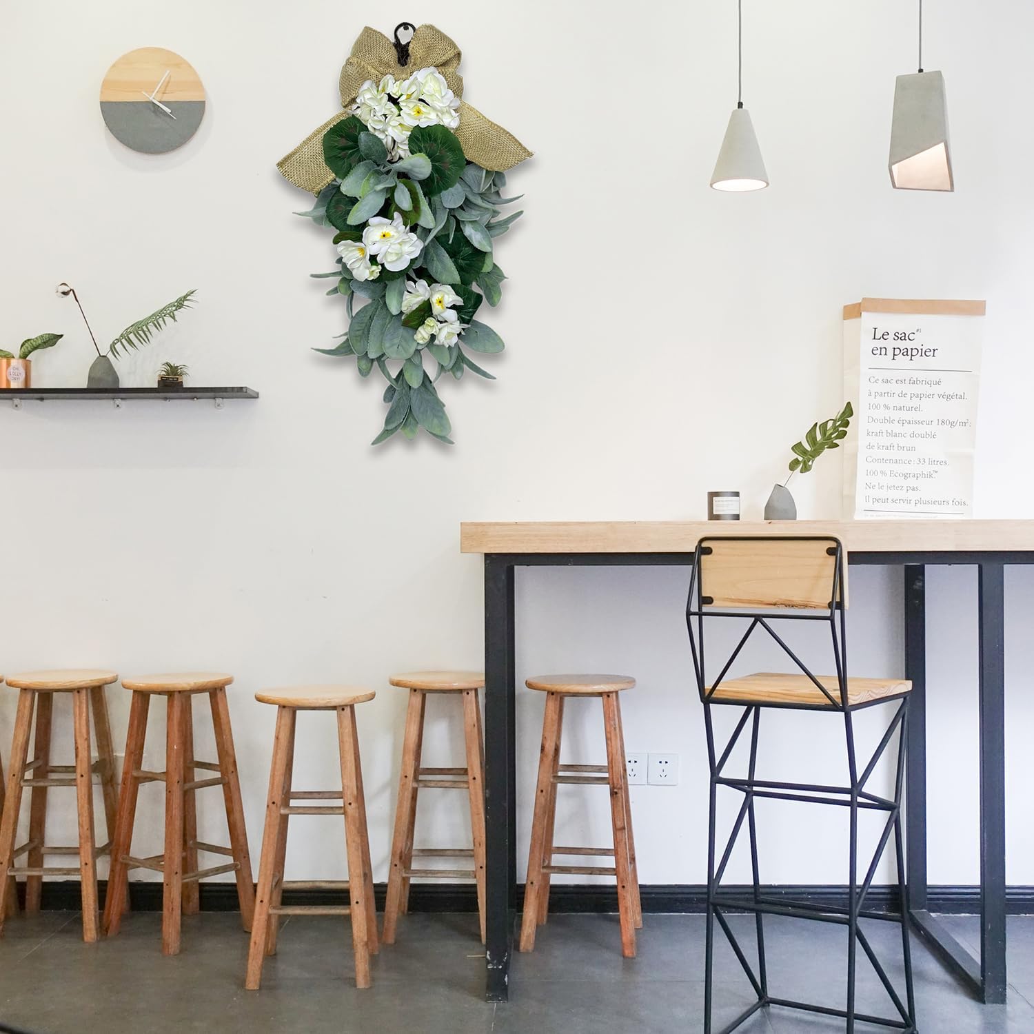 Lambs Ear Teardrop Swag Wreath 18.8” – Artificial Greenery Door Hanging for Spring & Summer Vibes, Rustic Farmhouse Wall Decor for All-Season Use, Home, Wedding, or Gift