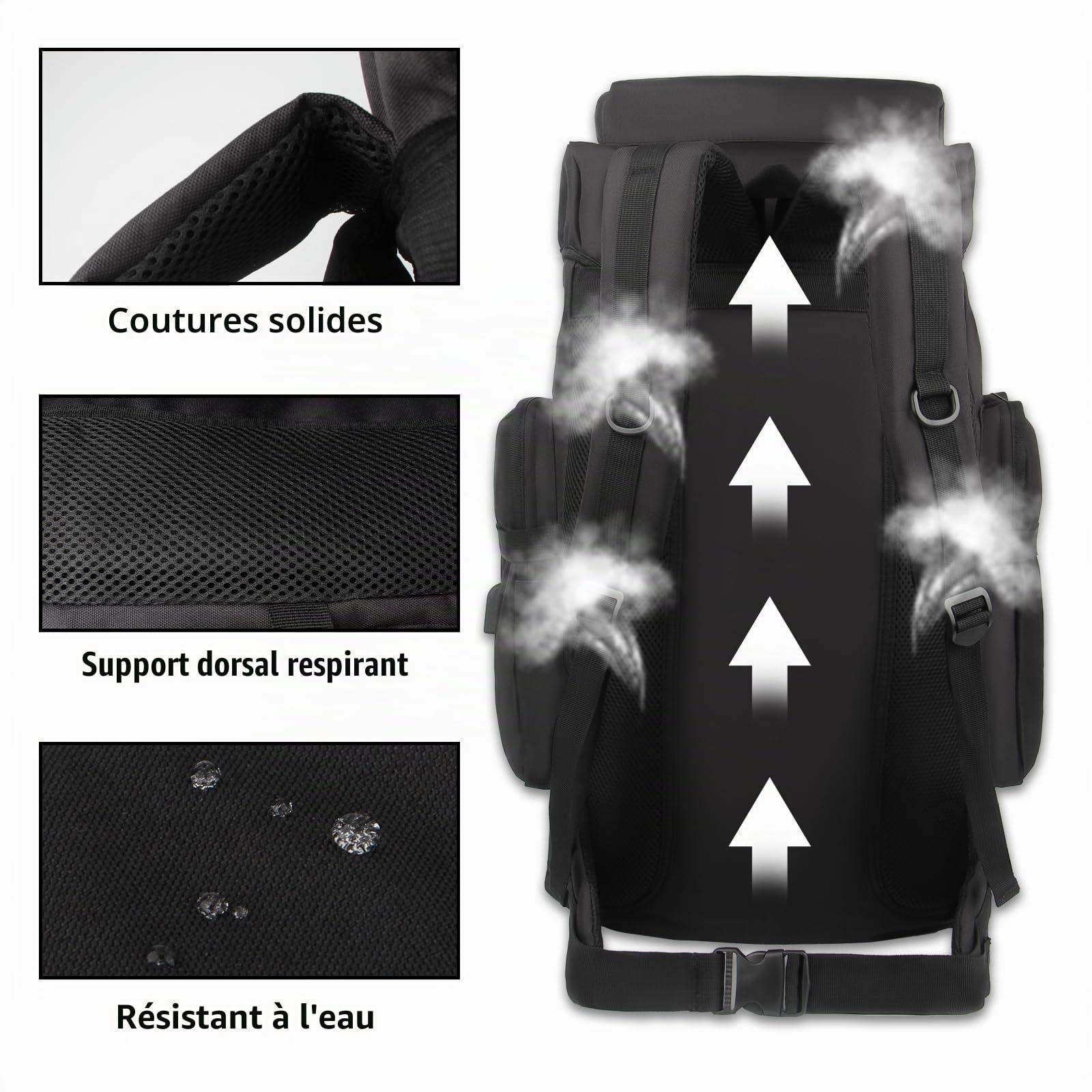 Sac à dos de randonnée Molle de grande capacité - Cadre tactique durable - 80 l - Sac à dos avec port de charge USB pour homme et femme - Pour le camping, l'escalade, l'extérieur, les voyages
