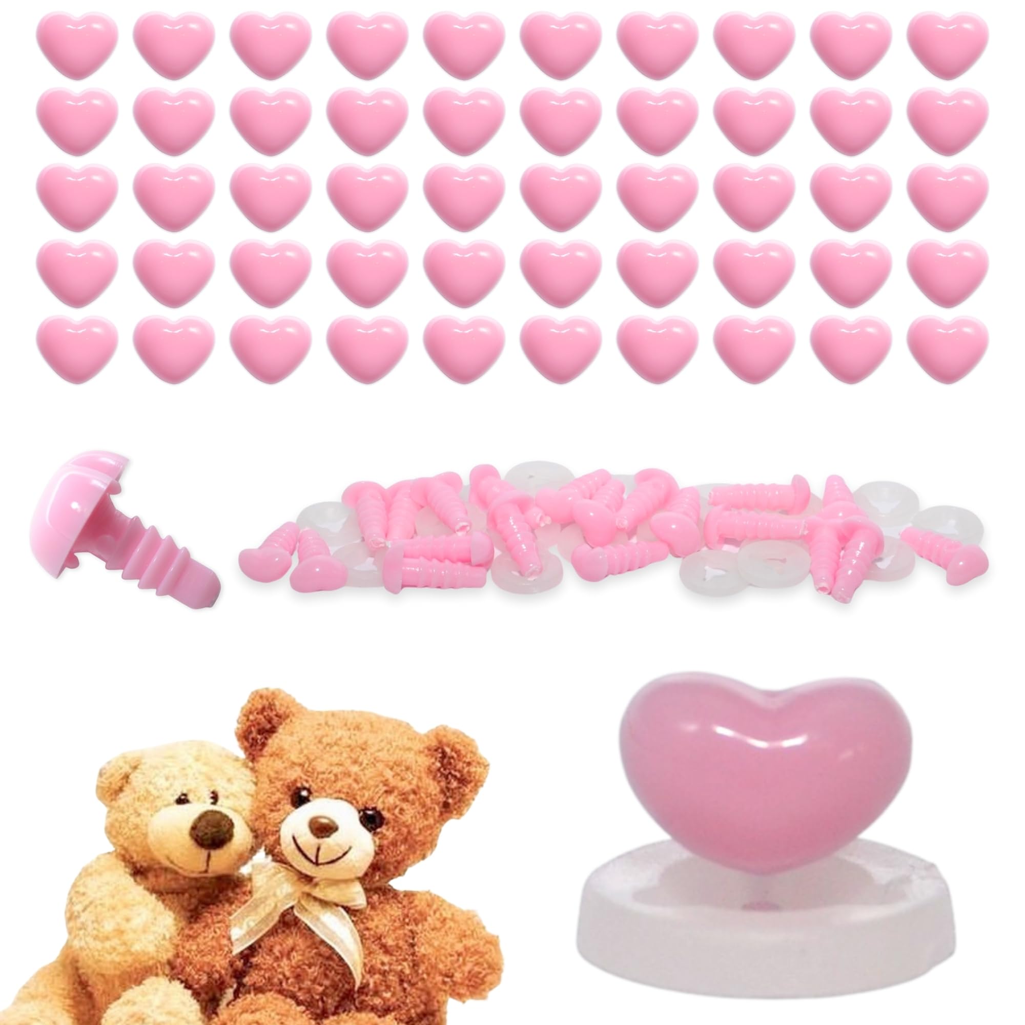 celloexpress 7mm x 5mm Baby Pink Heart Noses with Plastic Backs - Safety Noses for Soft Toy Teddy Bear Animal Making (Pack of 100)