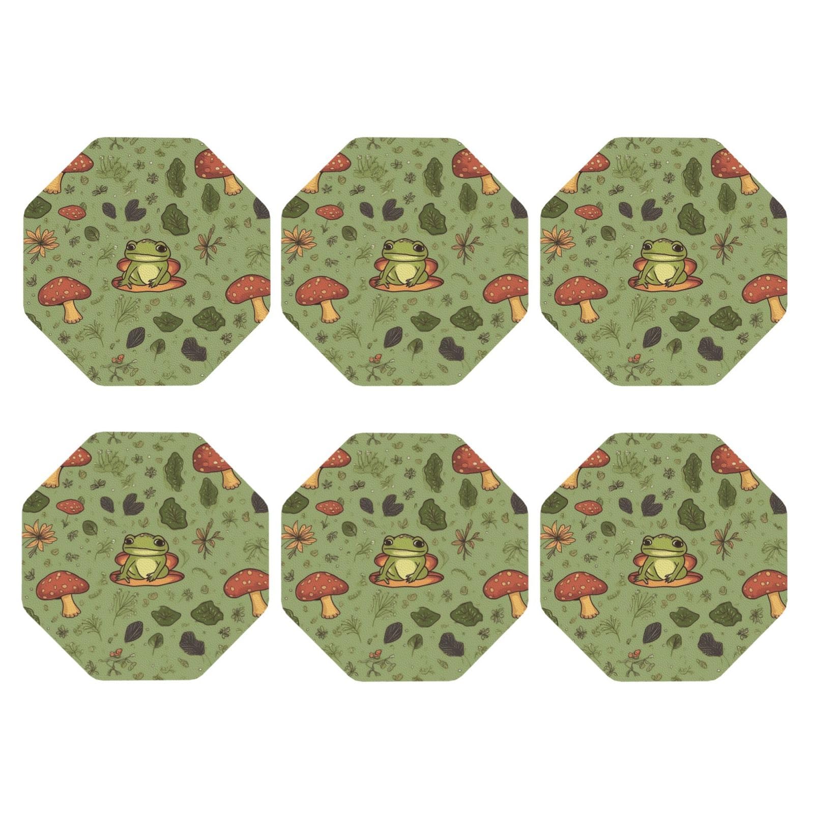 6pcs Leather Coasters for Drinks, Frogs and Mushrooms Drink Coasters for Tabletop Protection, 4" Cup Coasters for Coffee Table Decor, Non-Slip Drinking Cup Mat for Hot Or Cold Drink