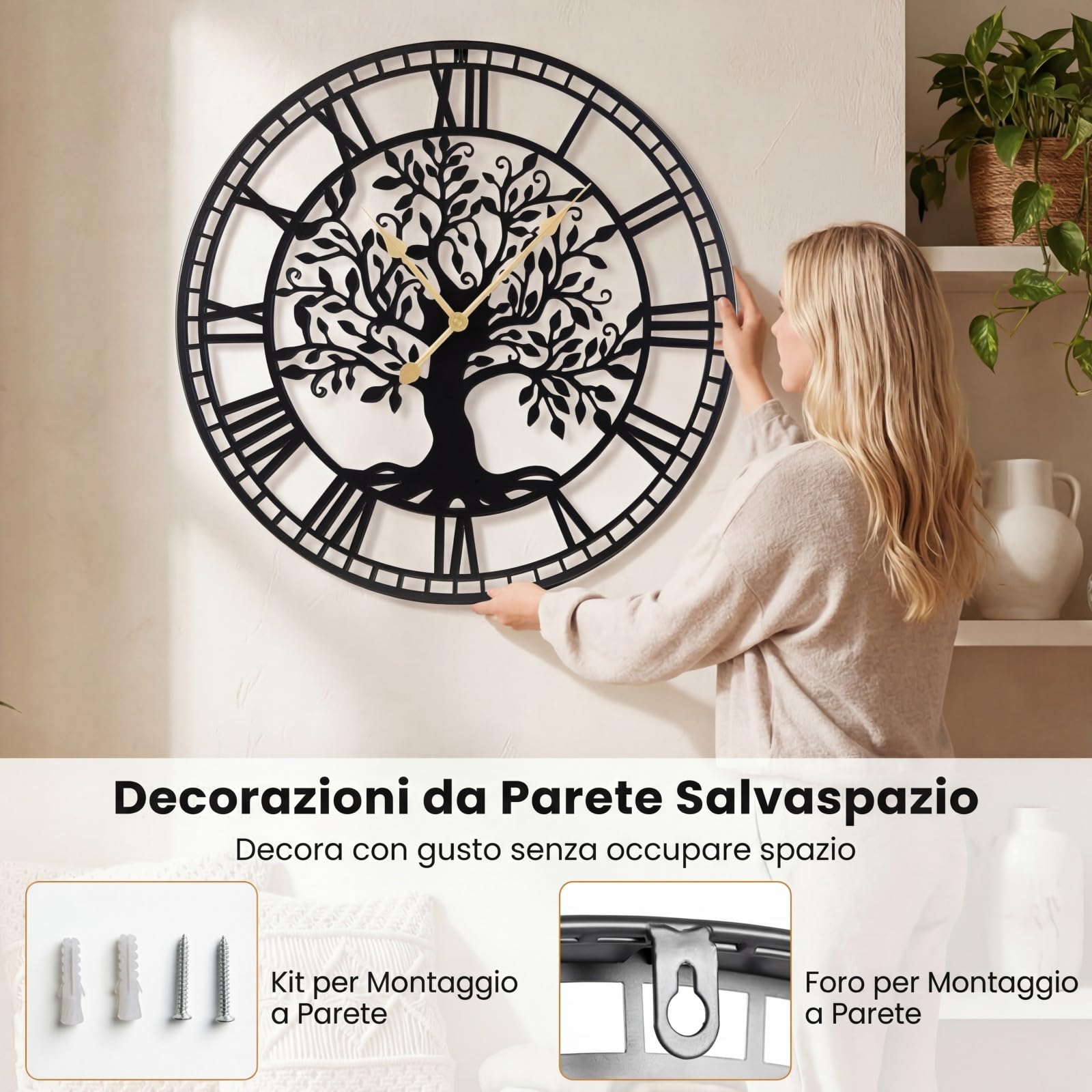COSTWAY Orologio da Parete Grande da 68 cm, con Albero della Vita in Metallo, Orologio Decorativo Silenzioso Senza Ticchettio, per Soggiorno, Camera da Letto e Cucina, Nero