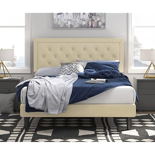 SHA CERLIN Queen Size Platform Bed Frame with Upholstered Headboard and Wood Slats, Fabric Rhombic Button Tufted Adjustable Headboard, No Box Spring Needed, Beige