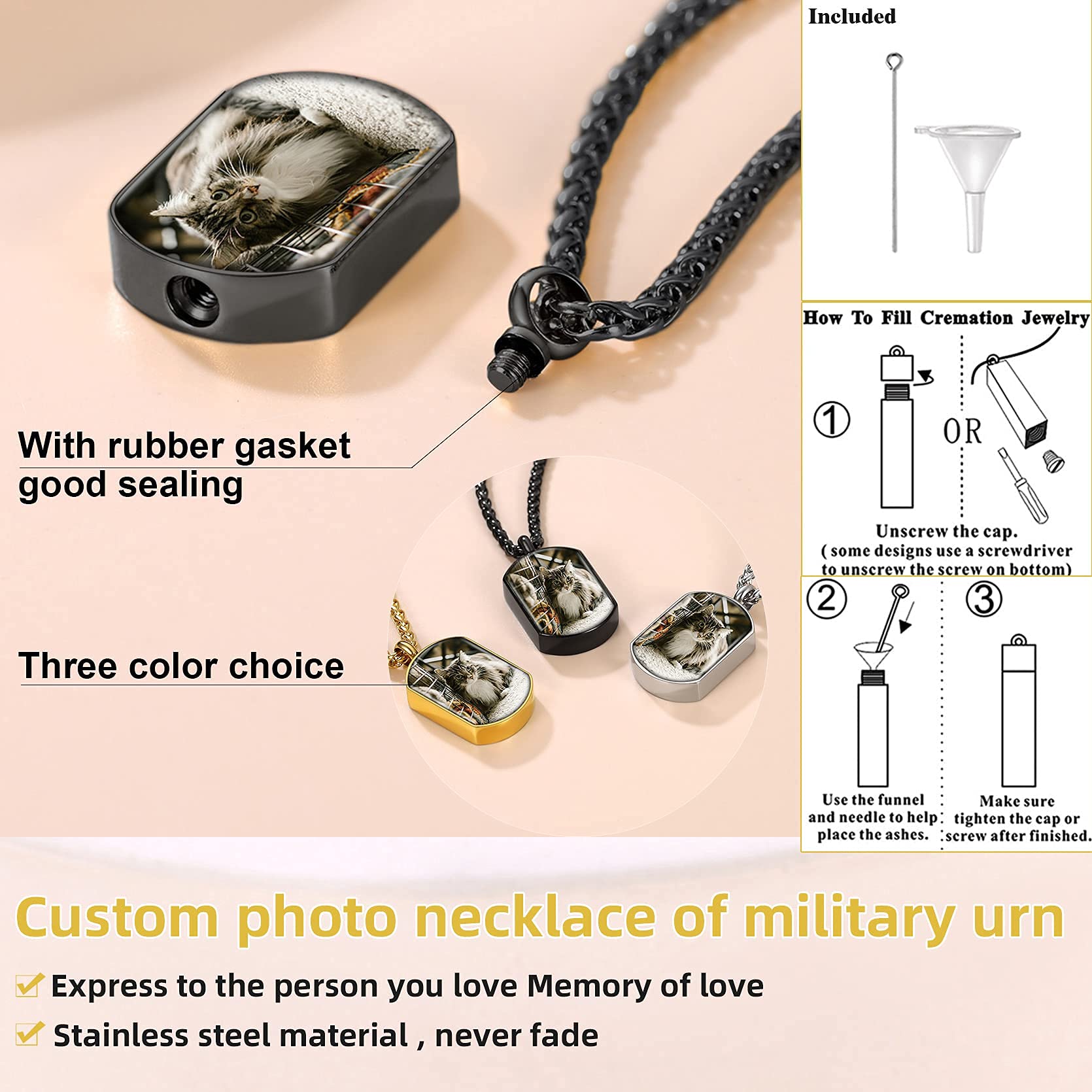 GoldChic JEWELRY Porta Cenizas Chapa Militar con Foto Nombre Colgante para Cenizas Resistente al Agua, Negro