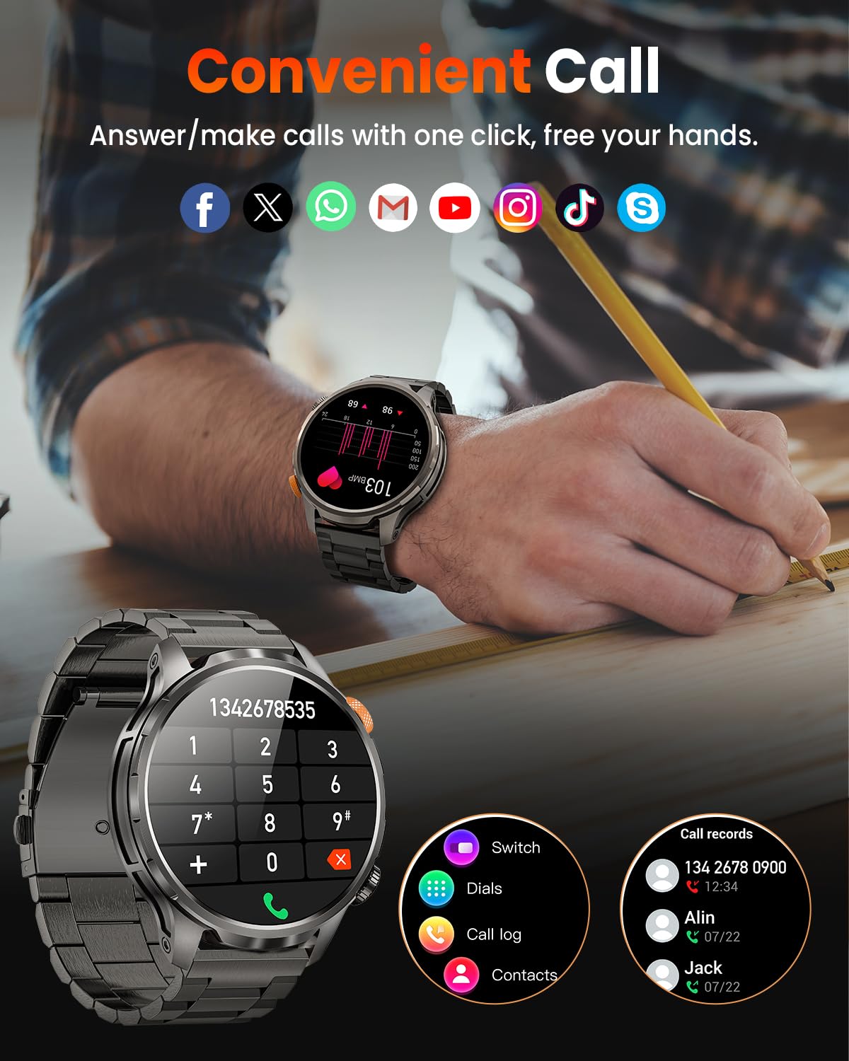 Smartwatch Herren Militär mit 1000mAh und LED Taschenlampen, Schwarz | 1,91" AMOLED Display, 5ATM Wasserdicht, 110+ Sportmodi, Telefonfunktion, 24h Herzfrequenz, Schlaf, SpO2, Android iOS