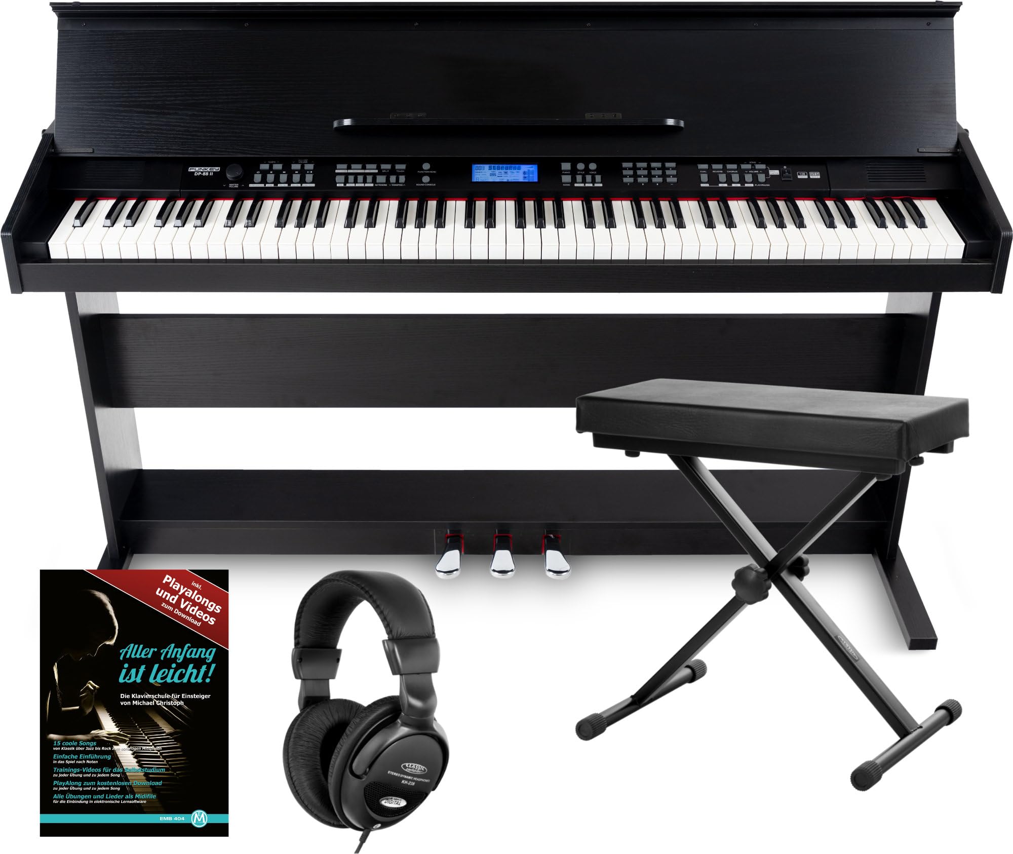 Piano digital FunKey DP-88 negro set con auriculares, banco y manual