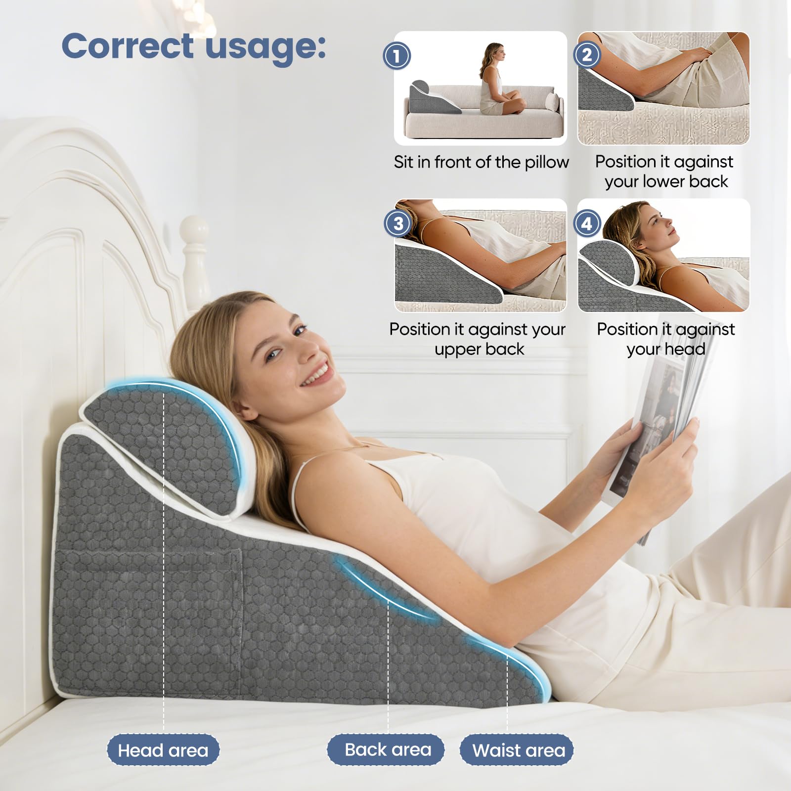 Coussin de lecture pour lit et canapé, coussin biseauté incurvé avec mousse à mémoire de forme, oreiller de dossier ergonomique, coussin reflux, housse lavable, coussin reflux adulte, 50 x 50