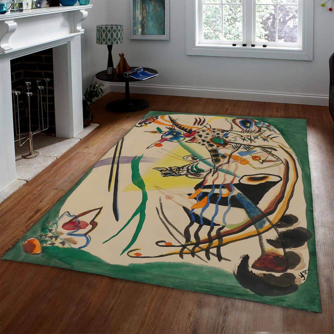 Tapis de salon 160x230cm abstrait géométrique vert et crème doux pour chambre moderne