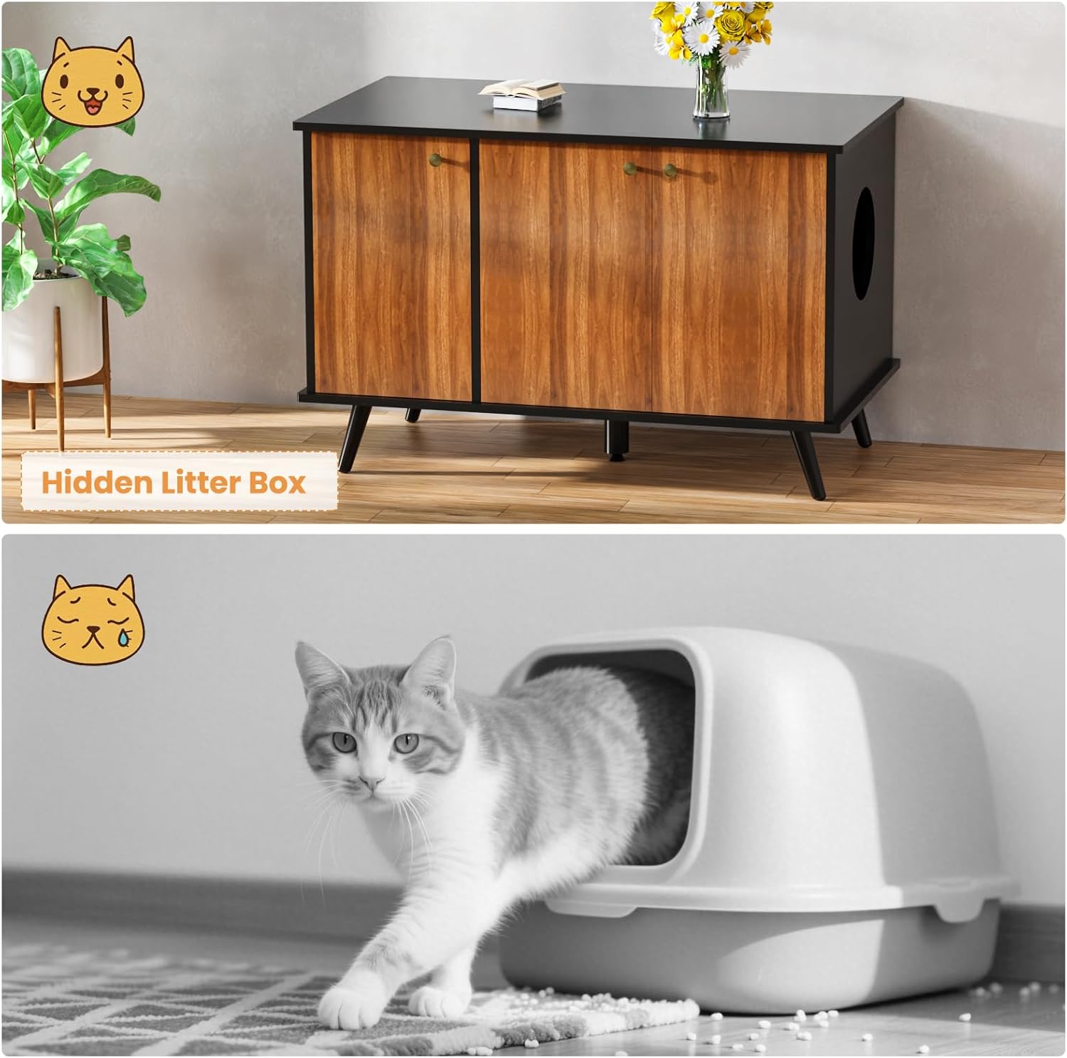 Cat Litter Box Enclosure, Hidden Litter Box Furniture with Built-in Power Outlet, Indoor Cat House, Cat Washroom Furniture, End Side Table for Hallway & Bedroom