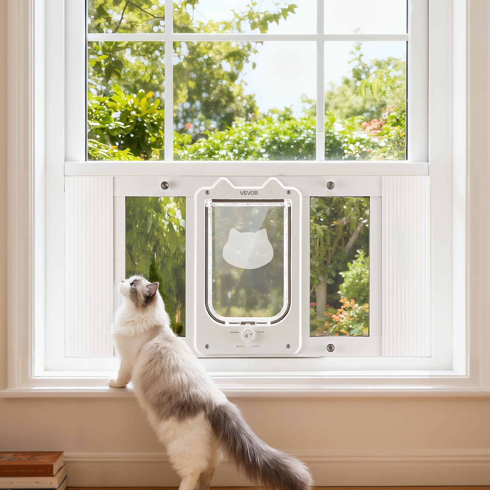 VEVOR Katzenklappe Katzentür Anpassbar an Fensterbreiten (686-813 mm), Wetterfeste Haustiertür mit 4 sicheren Verriegelungsmodi & Aluminiumrahmen & Hochtransparentem Glas & Magnetverschluss, Weiß