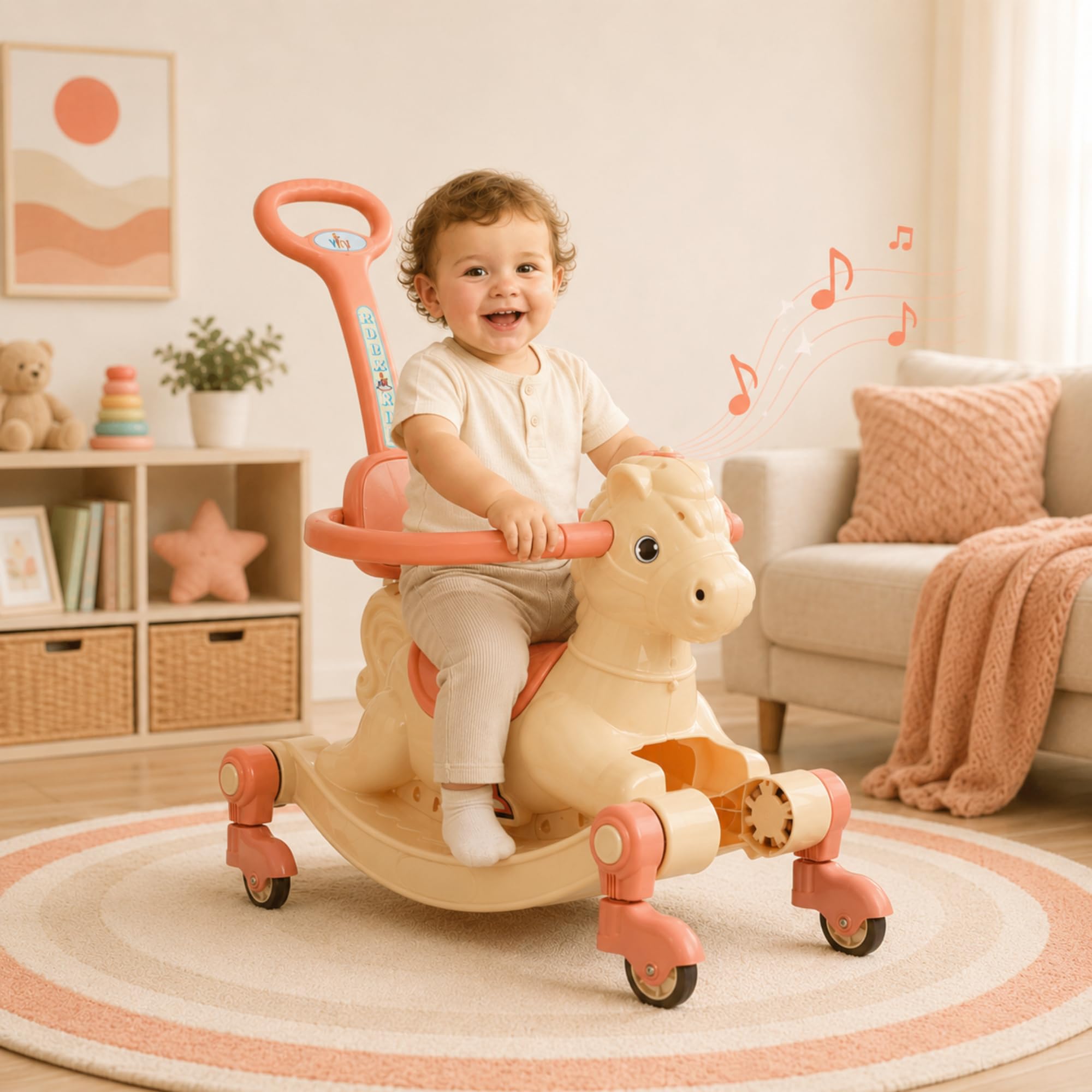 VINI TOYS 3-in-1 Baby Horse Rider, Cream - Image 1