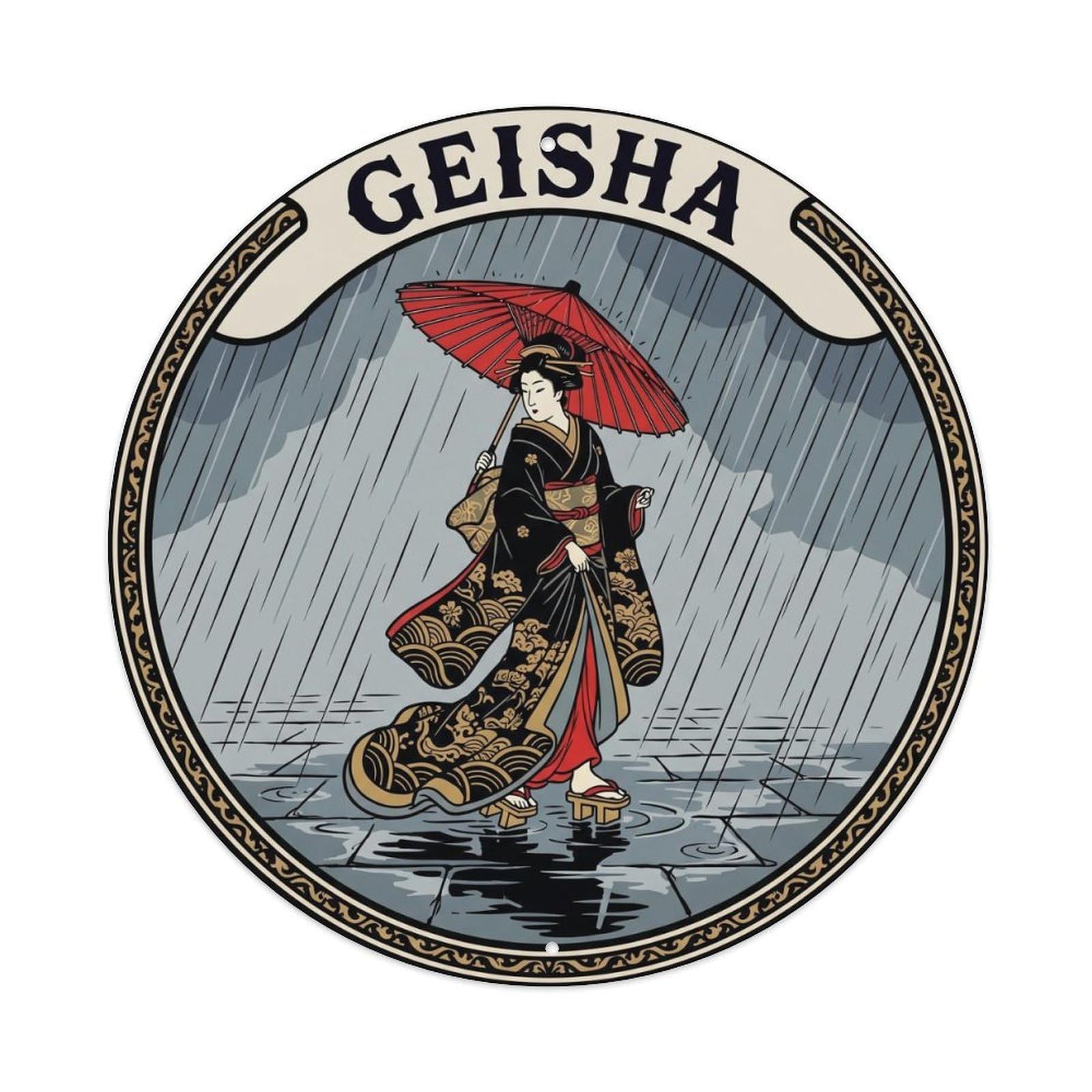 Olyhtr 8X8inch Classic Style Geisha Umbrella Rain Woodblock Black Gold Japan Metal Tin Sign