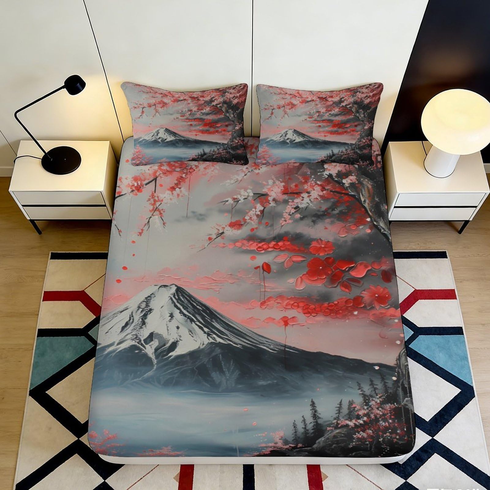 3D Printed Sakura Mountain Fitted Sheet Microfiber Art Cherry Blossom Mattress Cover for Bedroom Home Decor 140x200x25cm