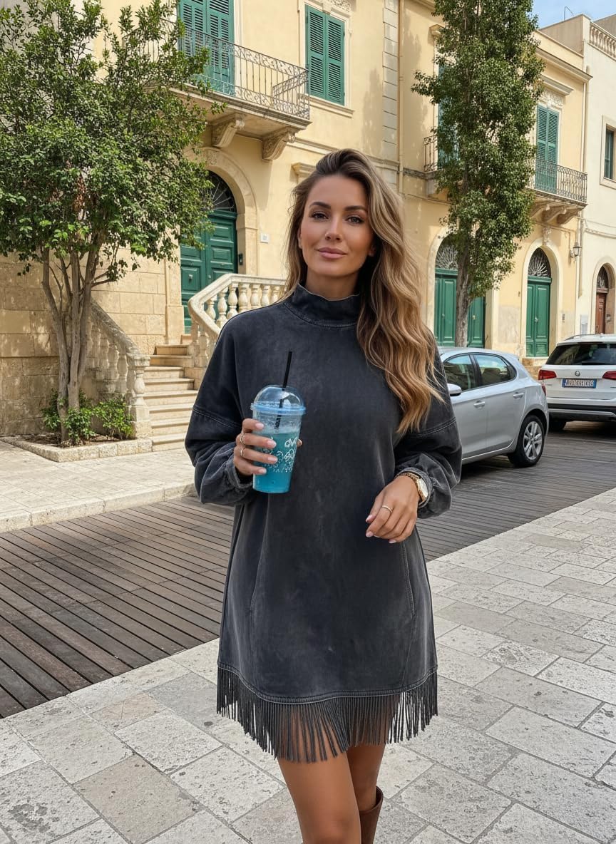 Womens Faux Suede Fringe Sweatshirt Dress Turtleneck Long Sleeve Tassel Solid Color Oversized Mini Dress with Pockets - Image 4