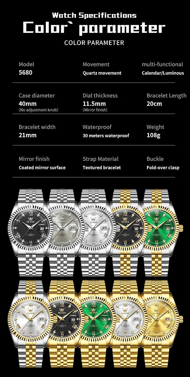 OLEVS Watches for Men Luxury Diamond Casual Large Easy to Read Analog Stainless Steel Watch Waterproof Luminous Two Tone Wrist Watch