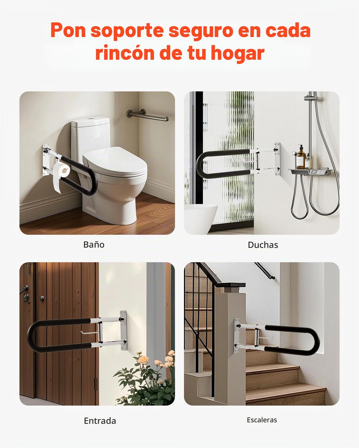 VEVOR Barra de Seguridad para Inodoro, en Forma U, Abatible, con Asa de Apoyo Antideslizante, Carga 136 kg para Personas Mayores, Discapacitadas y Embarazadas, 280 x 75 x 765 mm, Plata Brillante