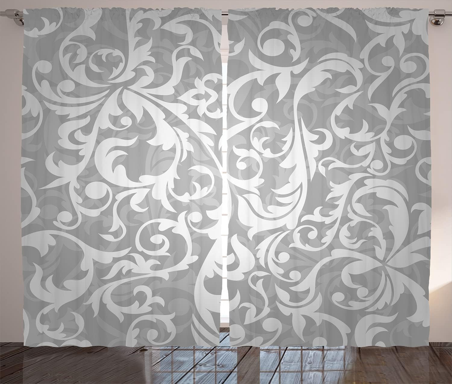 Ambesonne Grey Curtains, Victorian Style Large Leaf Floral Pattern Swirl Classic Abstract French Vintage Print, Living Room Bedroom Window Drapes 2 Panel Set, 108" X 90", Gray