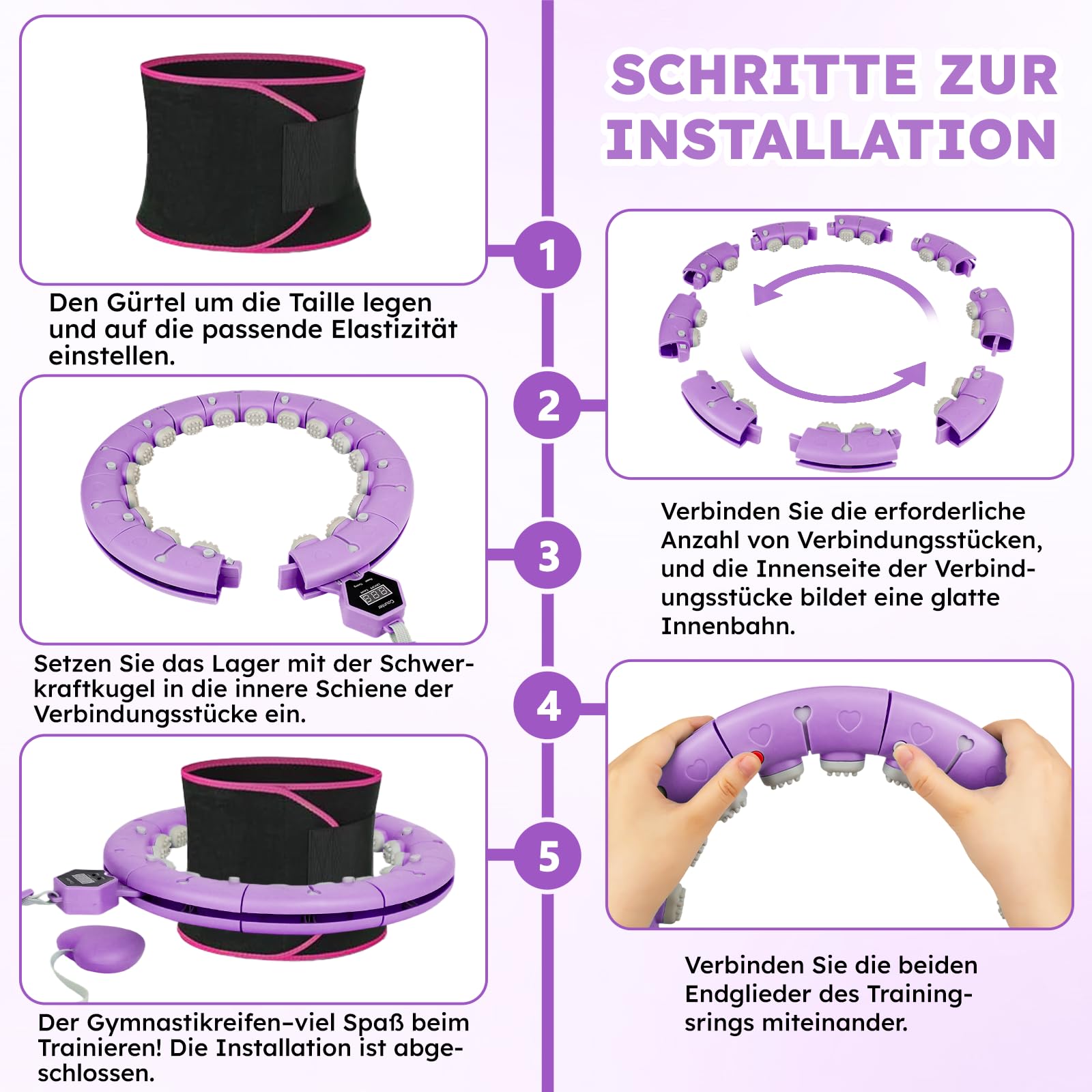 Smart Hula Hoop Reifen Erwachsene mit Gewicht Kugel und Hüftgürtel, Umfang (70-130cm) Abgebauter Fitnessreifenl, Hoopie Der Nie Herunterfällt für EIN Lustiges Training